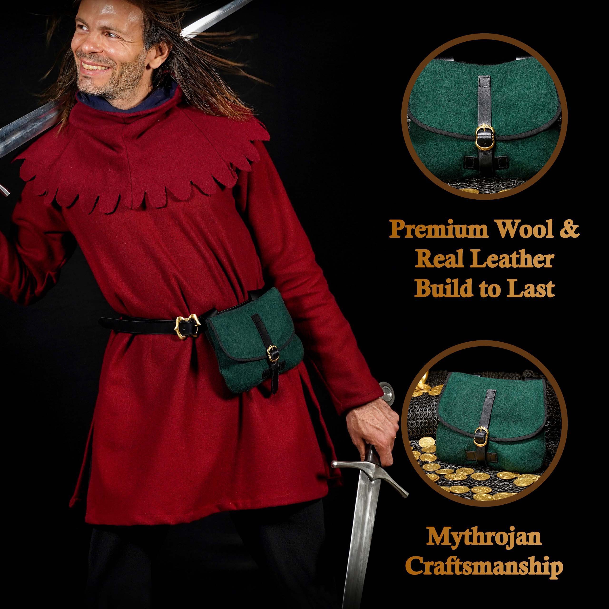 Mythrojan Late Medieval Belt Bag, Ideal for SCA LARP Reenactment & Ren fair, Full Grain Leather and Wool , Green , 6.2 ”× 7 ”