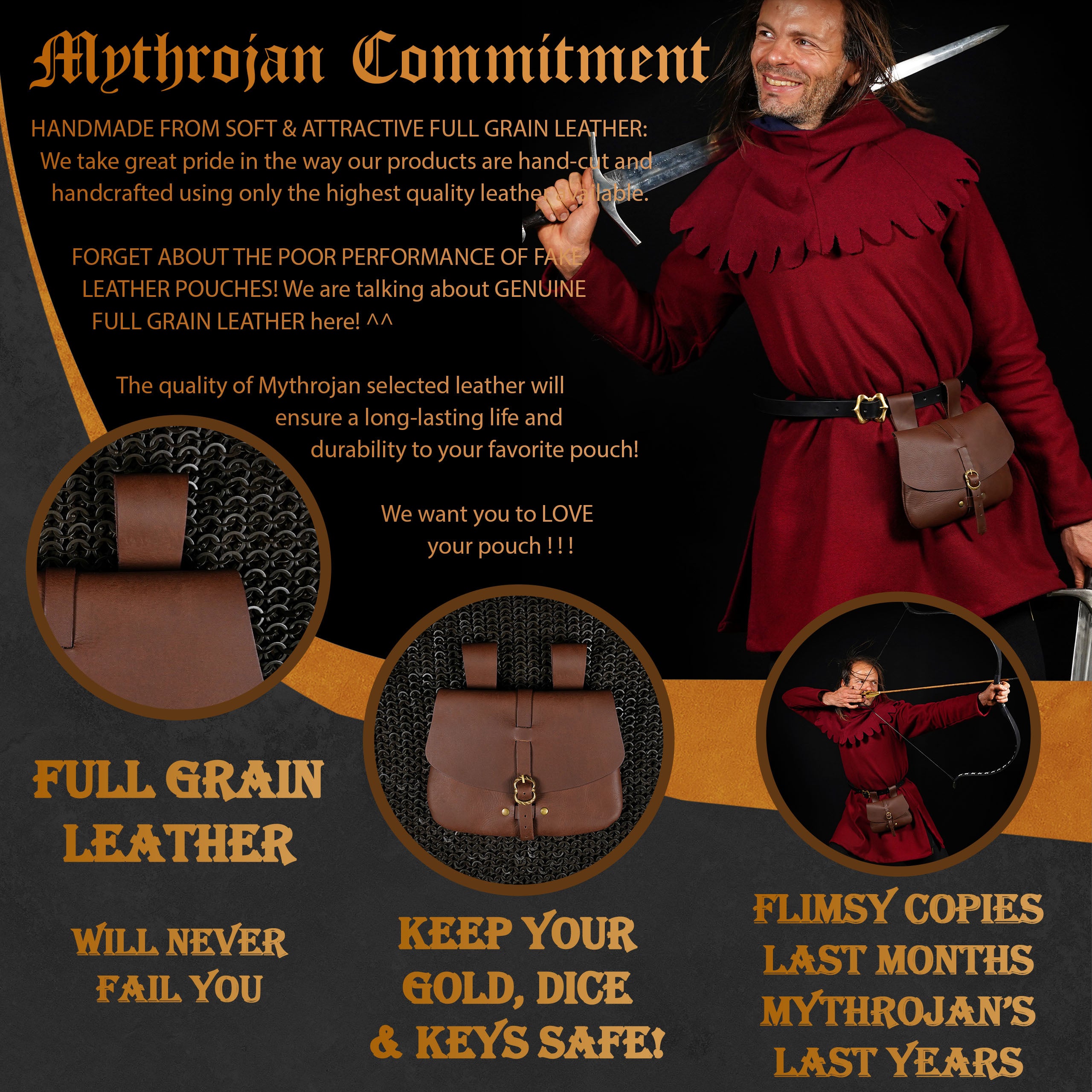 Mythrojan Medieval Leather Bag, Ideal for SCA LARP Reenactment & Ren fair , Full Grain Leather, Brown 6.2 ”× 7 ”