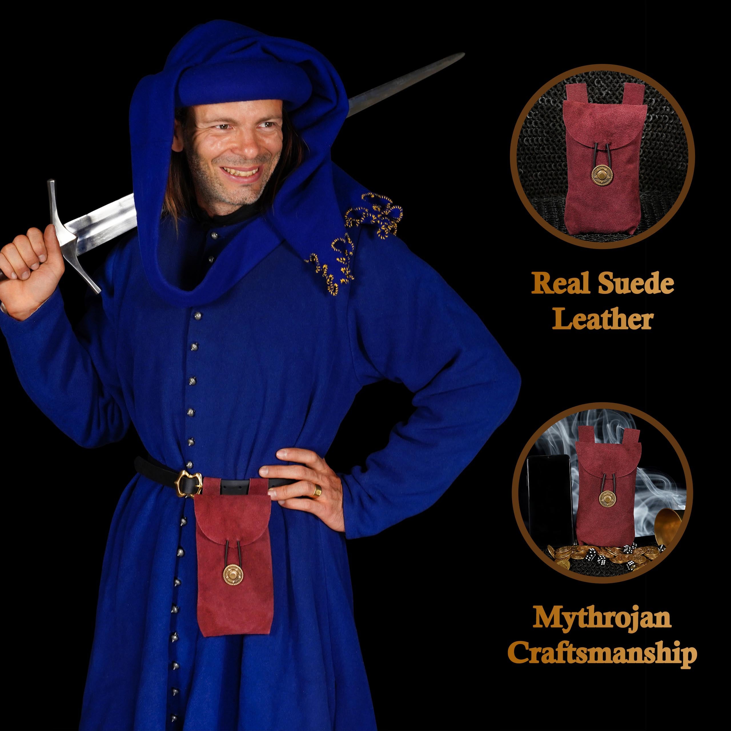 Mythrojan Suede Belt Bag, Ideal for SCA LARP Reenactment & Ren fair, Suede Leather, Wine Red , 7.2 ”× 4.7 ”