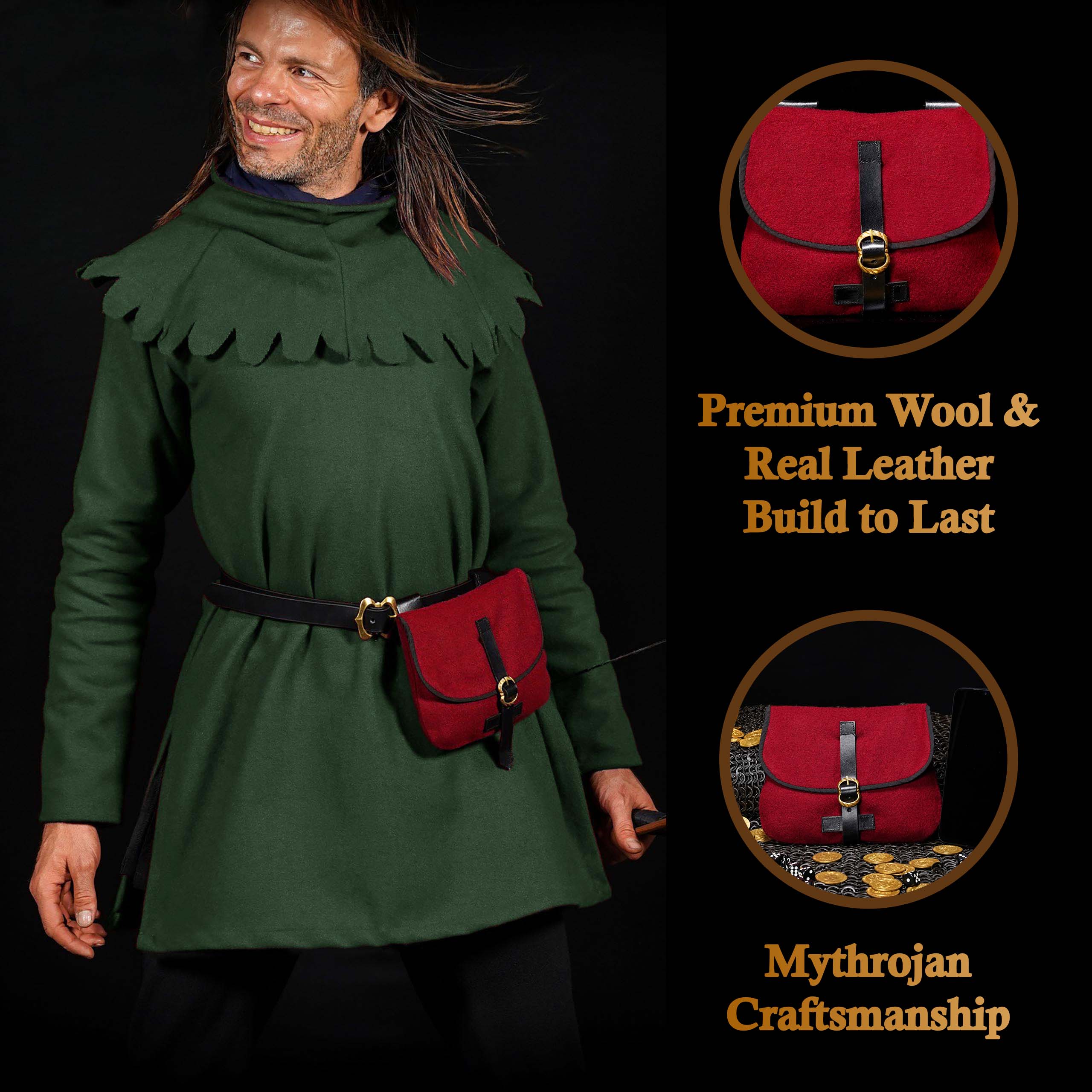 Mythrojan Late Medieval Belt Bag, Ideal for SCA LARP Reenactment & Ren fair, Full Grain Leather and Wool , Maroon , 6.2 ”× 7"