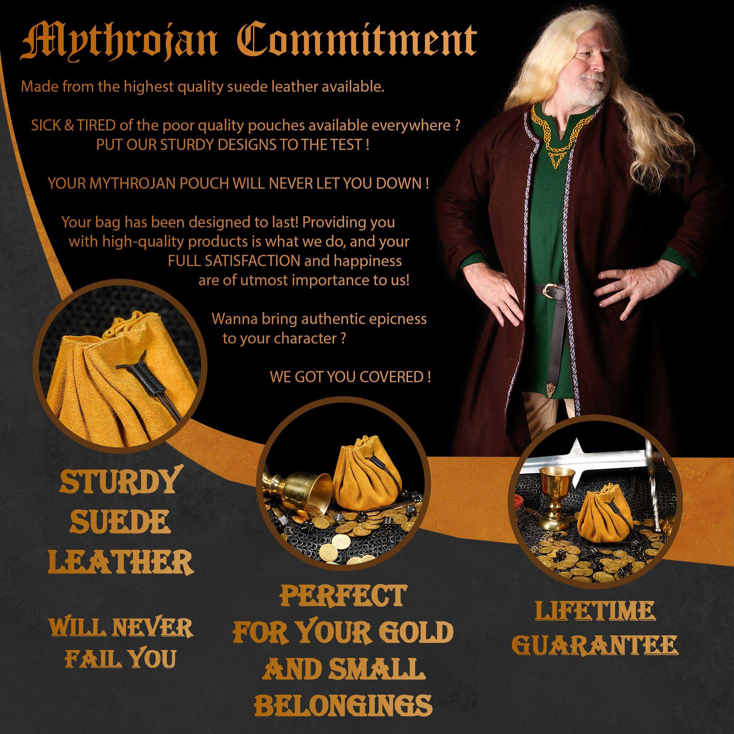 Mythrojan “ Gold and Dice ” Medieval Drawstring Pouch , Ideal for SCA LARP Reenactment & Ren fair : Suede Leather Bag , 3.5”