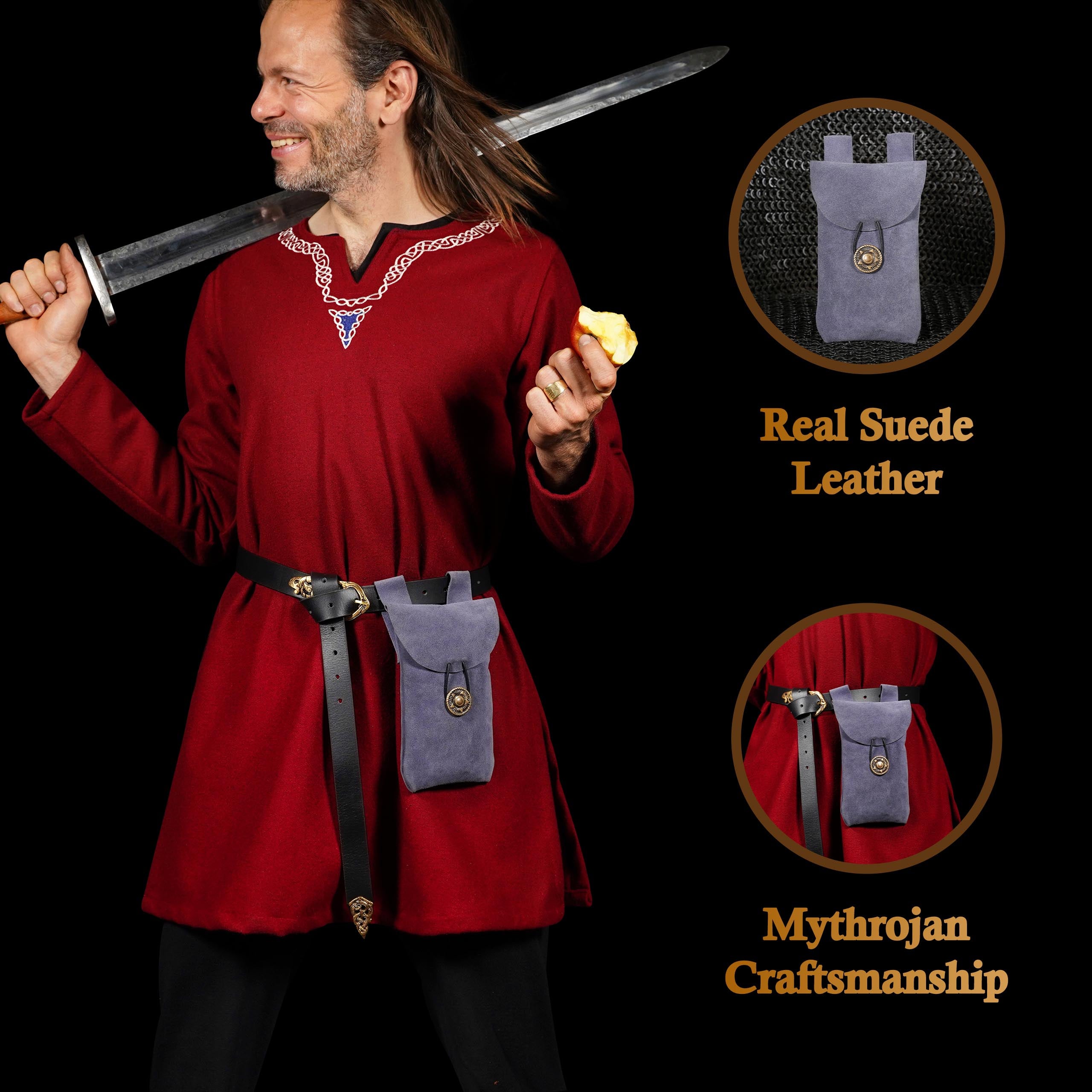 Mythrojan Suede Belt Bag, Ideal for SCA LARP Reenactment & Ren fair, Suede Leather, Dark Blue , 7.2 ”× 4.7 ”