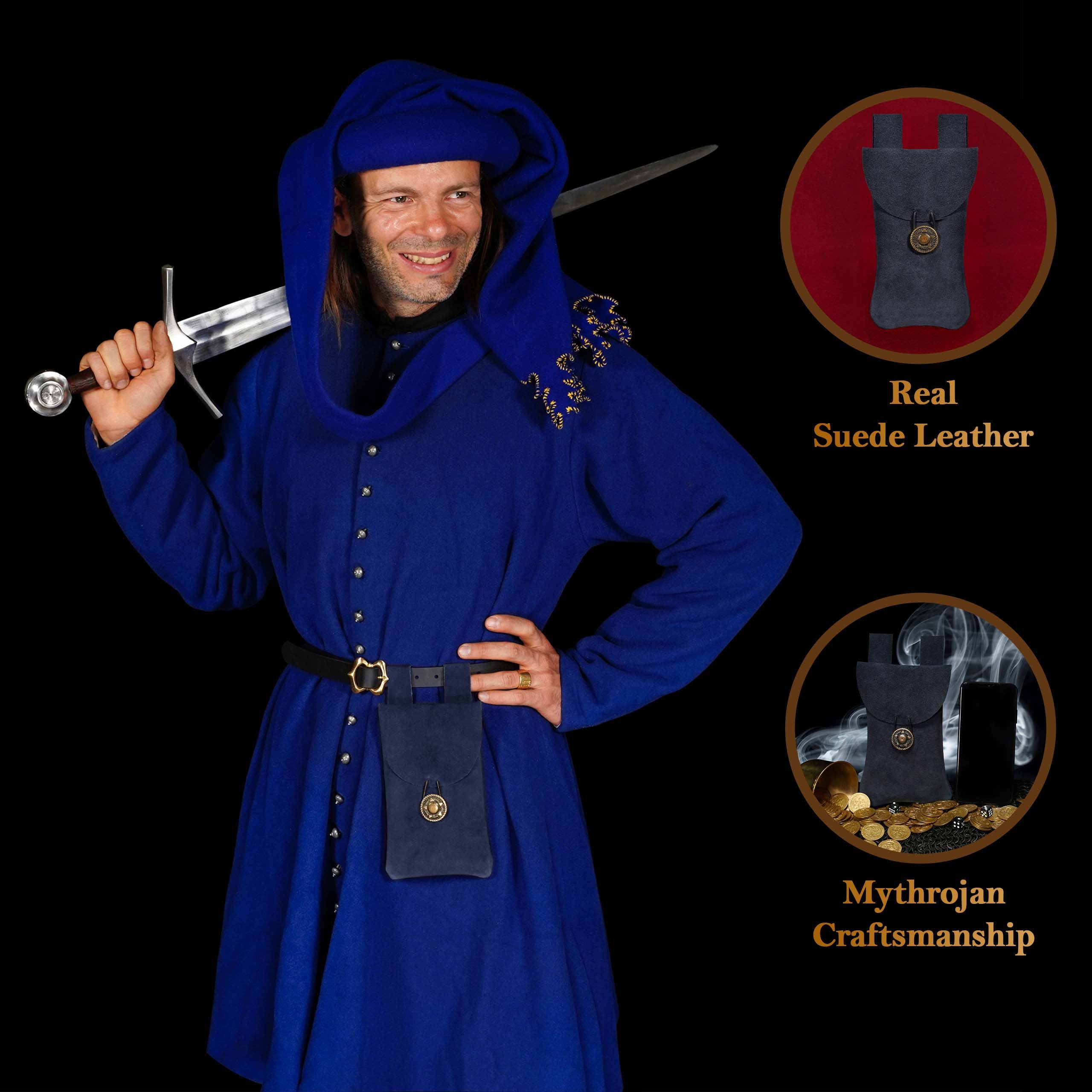 Mythrojan Suede Belt Bag, ideal for SCA LARP reenactment & Ren fair, Suede Leather, Midnight Navy Blue, 7.2”×4.7”