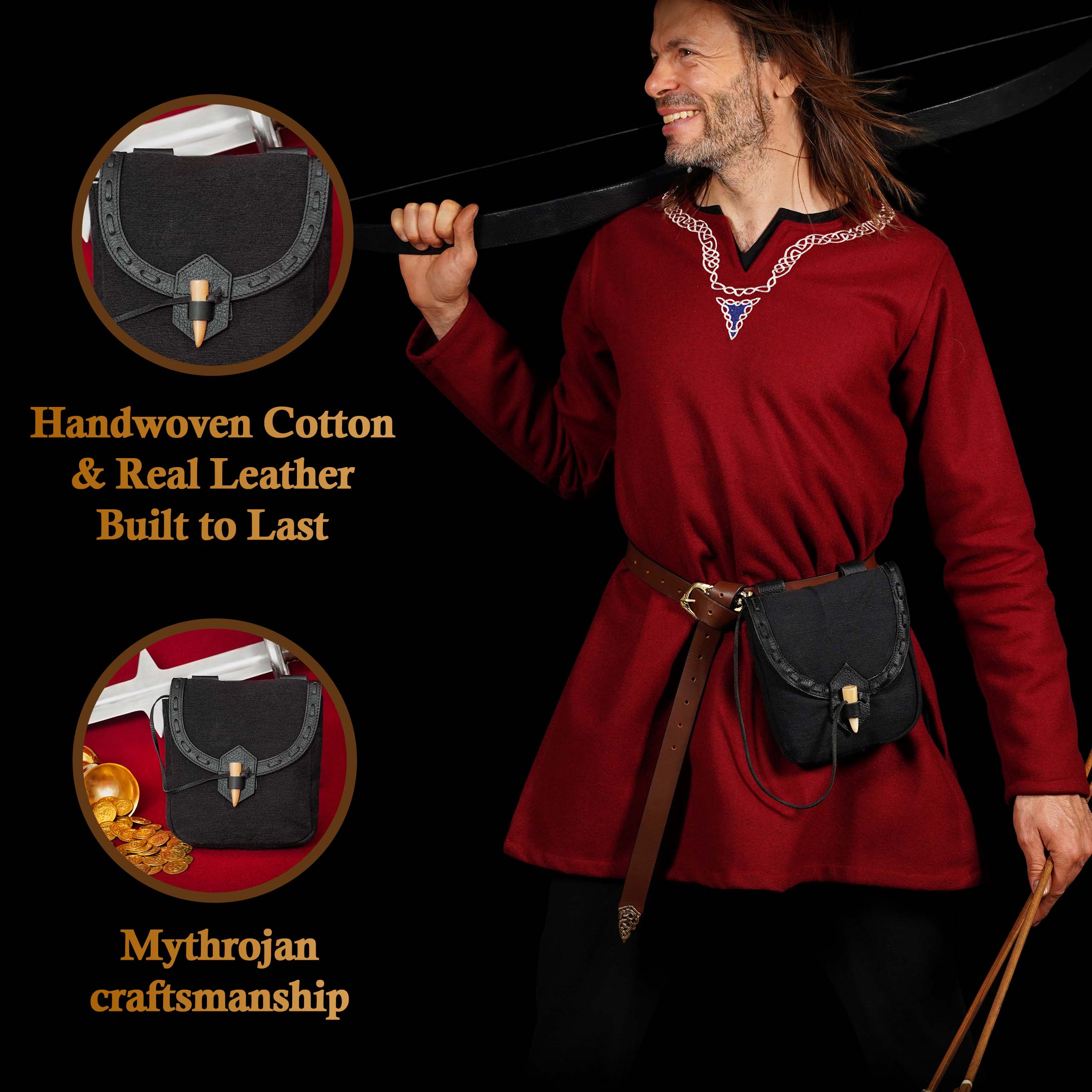 Mythrojan “The Adventurer’s” Belt Bag with Horn Toggle, Ideal for SCA LARP Reenactment & Ren fair, Full Grain Leather and Handwoven Canvas , Black , 8” × 7”