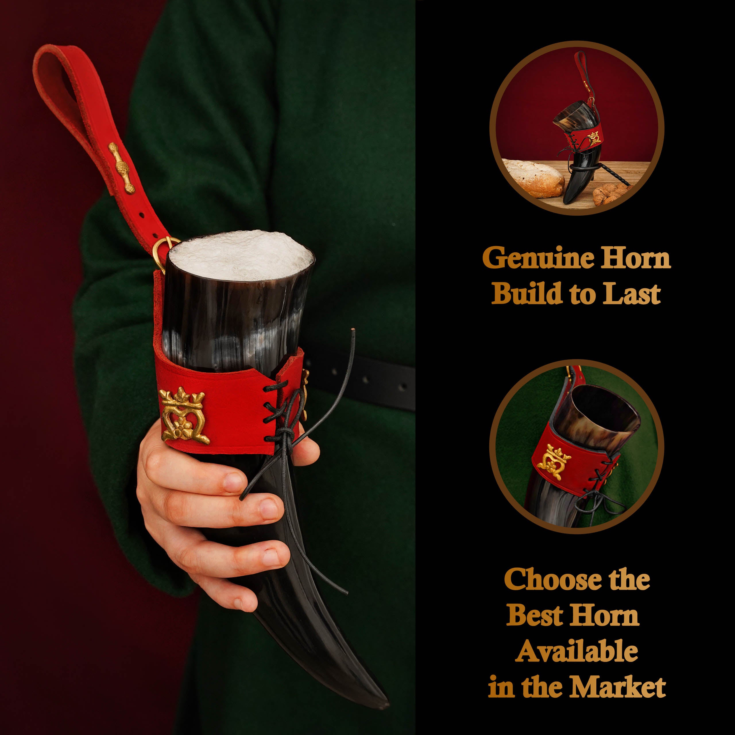 Mythrojan"THE ELEGANT LADY" Viking Drinking Horn with Leather Holder Authentic Medieval Inspired Viking Wine/Mead Mug - Polished Finish - 250 ML / Red