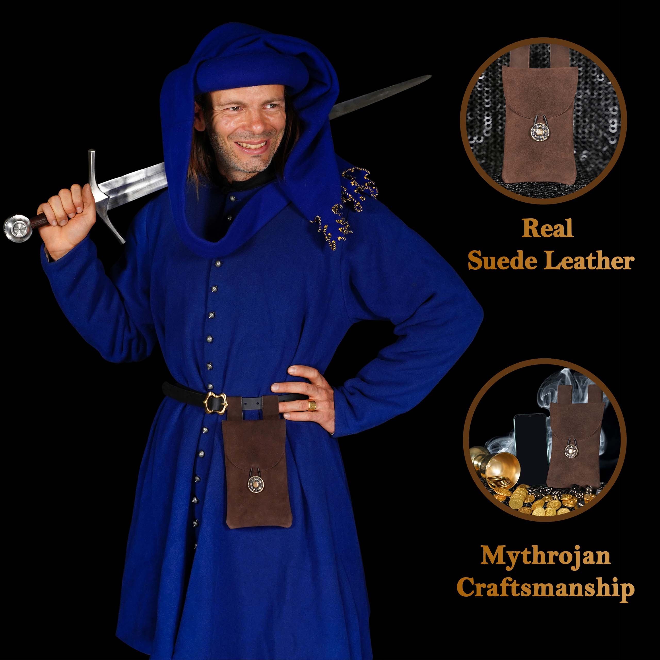Mythrojan Suede Belt Bag, Ideal for SCA LARP Reenactment & Ren fair, Suede Leather, Chocolate Brown , 7.2 ”× 4.7 ”