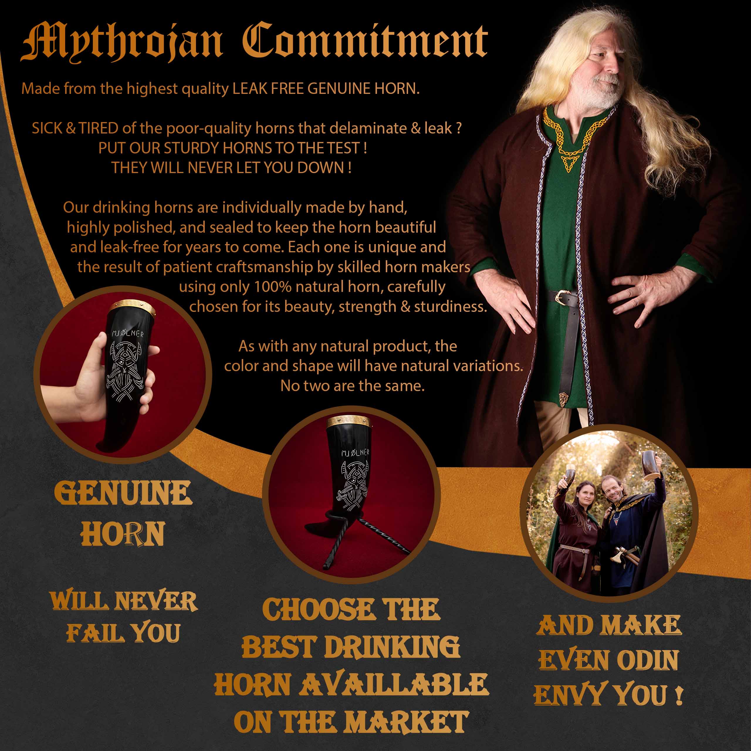 Mythrojan Viking Drinking Horn With Brass Rim & Tip Authentic Medieval Inspired Wine/Mead 400 ML - Polished Finish