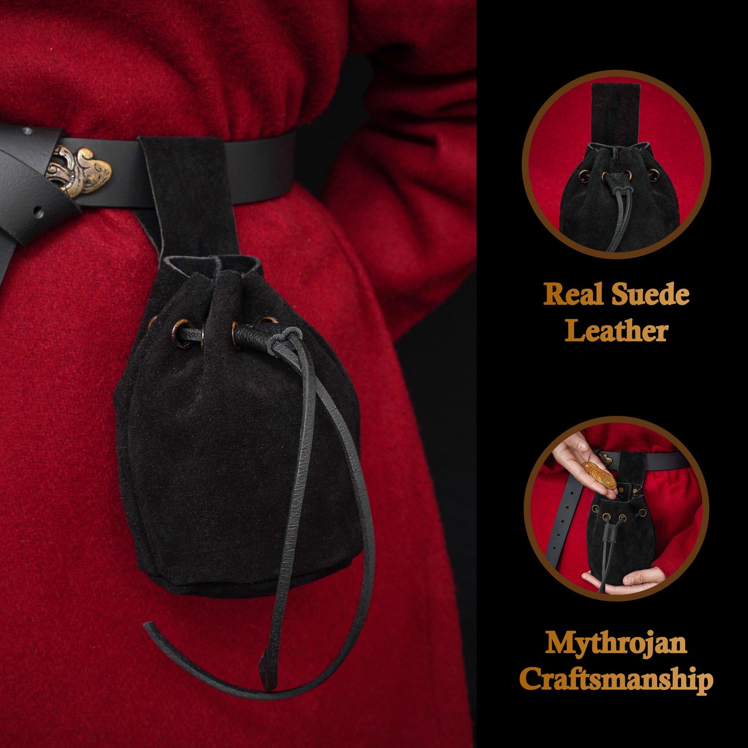 Mythrojan Medieval Drawstring Belt Bag, Ideal for SCA LARP Reenactment & Ren fair , Suede Leather , Black 6” ×5 ”
