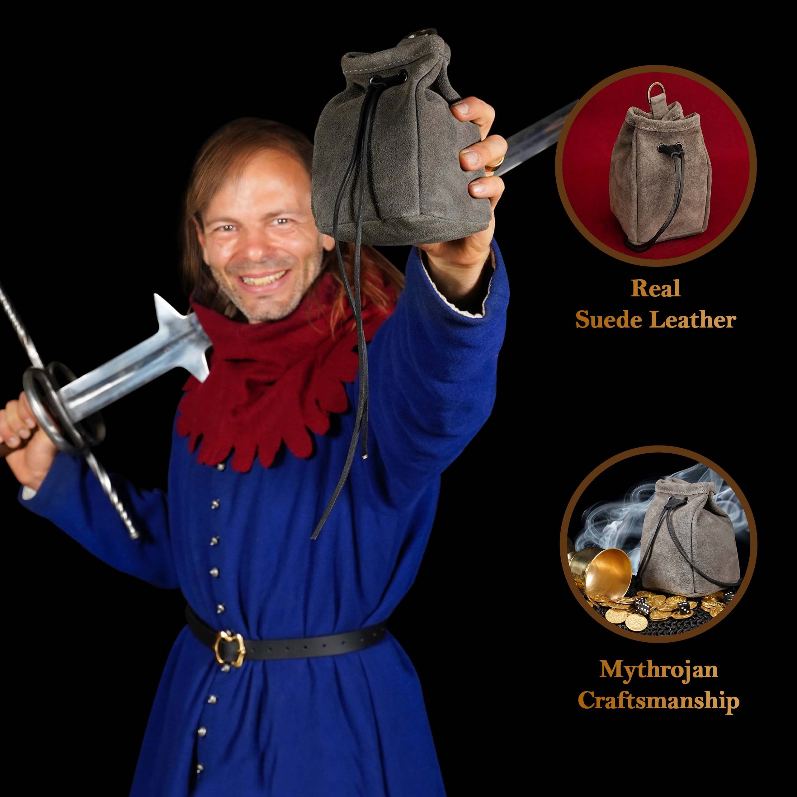 Mythrojan Medieval Drawstring Belt Bag, ideal for SCA LARP reenactment & Ren fair, Suede Leather, Grey, 6.5”×4.5”