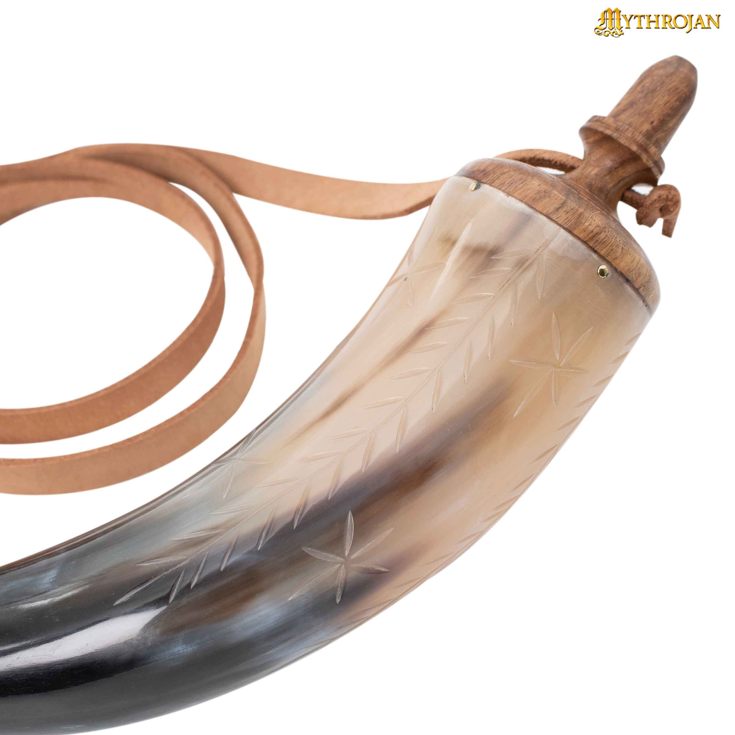 Mythrojan Hand Carved Powder 14" Horn with Leather Strap for Civil War Re-Enactment Black Powder - Mountain Man Reenactment - Natural