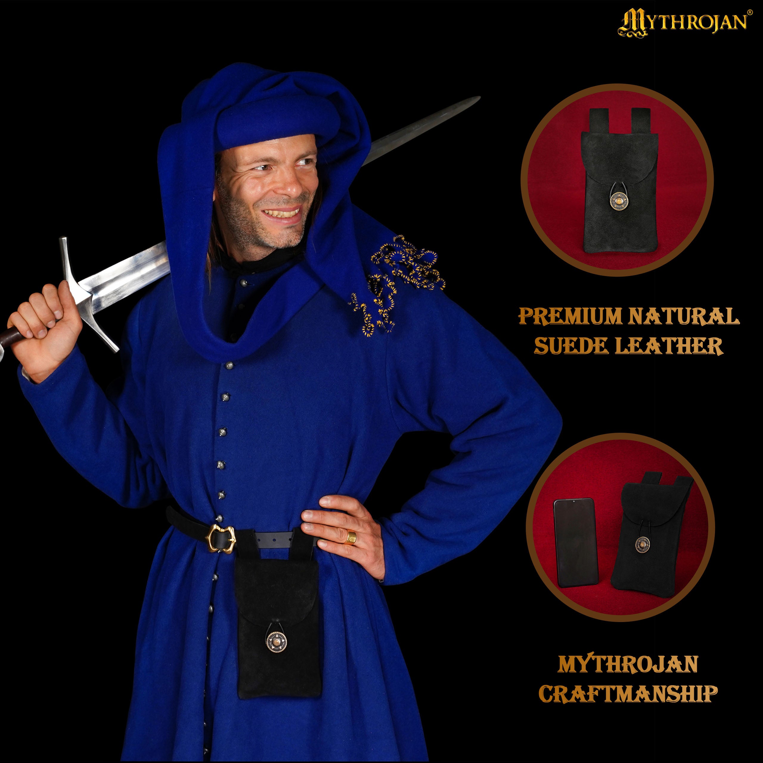 Mythrojan Suede Belt Bag, Ideal for SCA LARP Reenactment & Ren fair, Suede Leather, Black , 7.2 ”× 4.7 ”