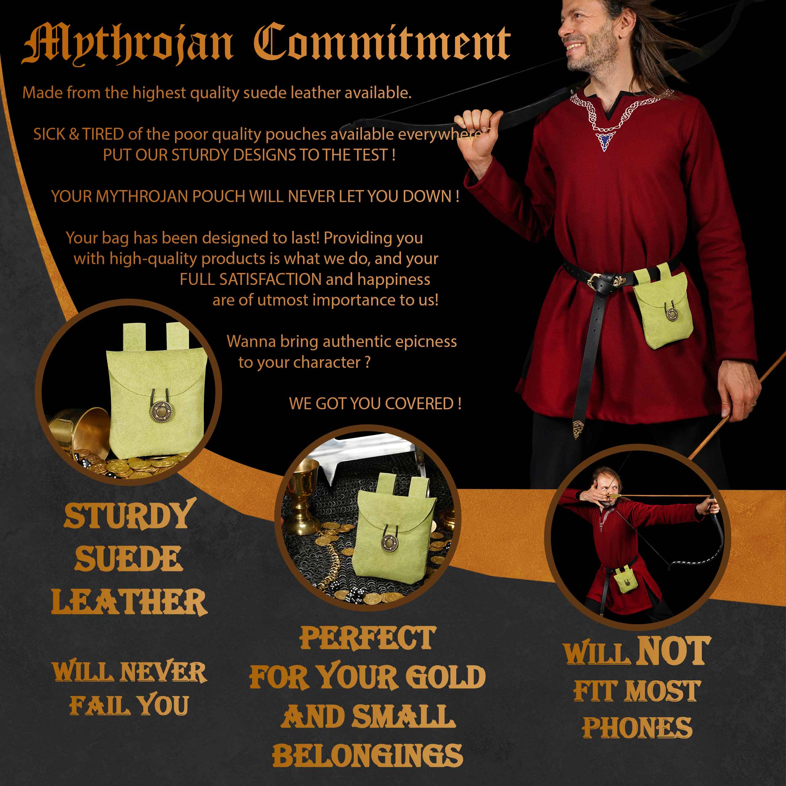 Mythrojan Suede Belt Bag, Ideal for SCA LARP Reenactment & Ren fair, Suede Leather, Olive , 5 .5”× 5.1 ”