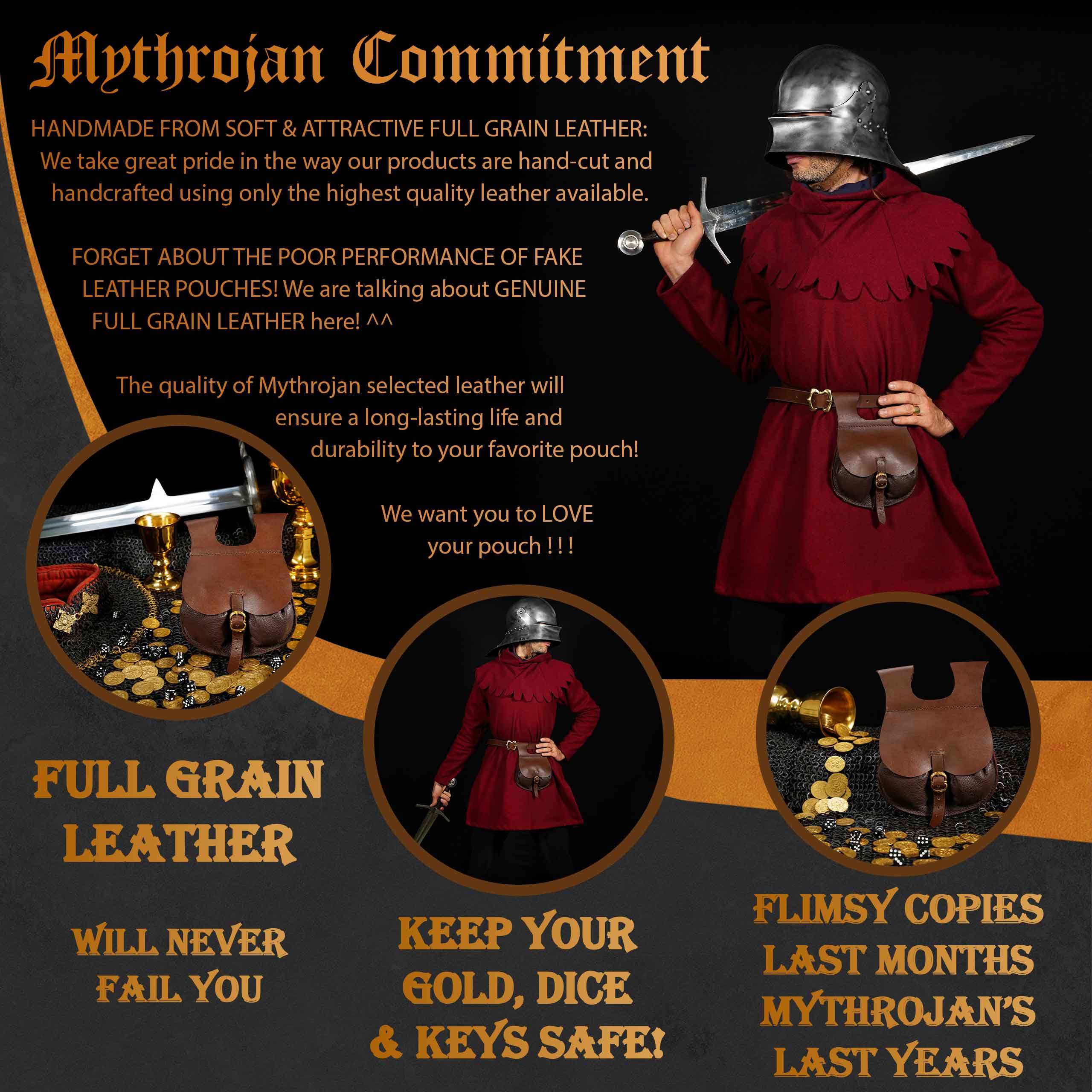 Mythrojan Medieval Belt Bag with Solid Brass Buckle , Ideal for Cosplay SCA LARP Reenactment & Ren fair, Full Grain Leather, Brown, 8.2 ” × 6.6”