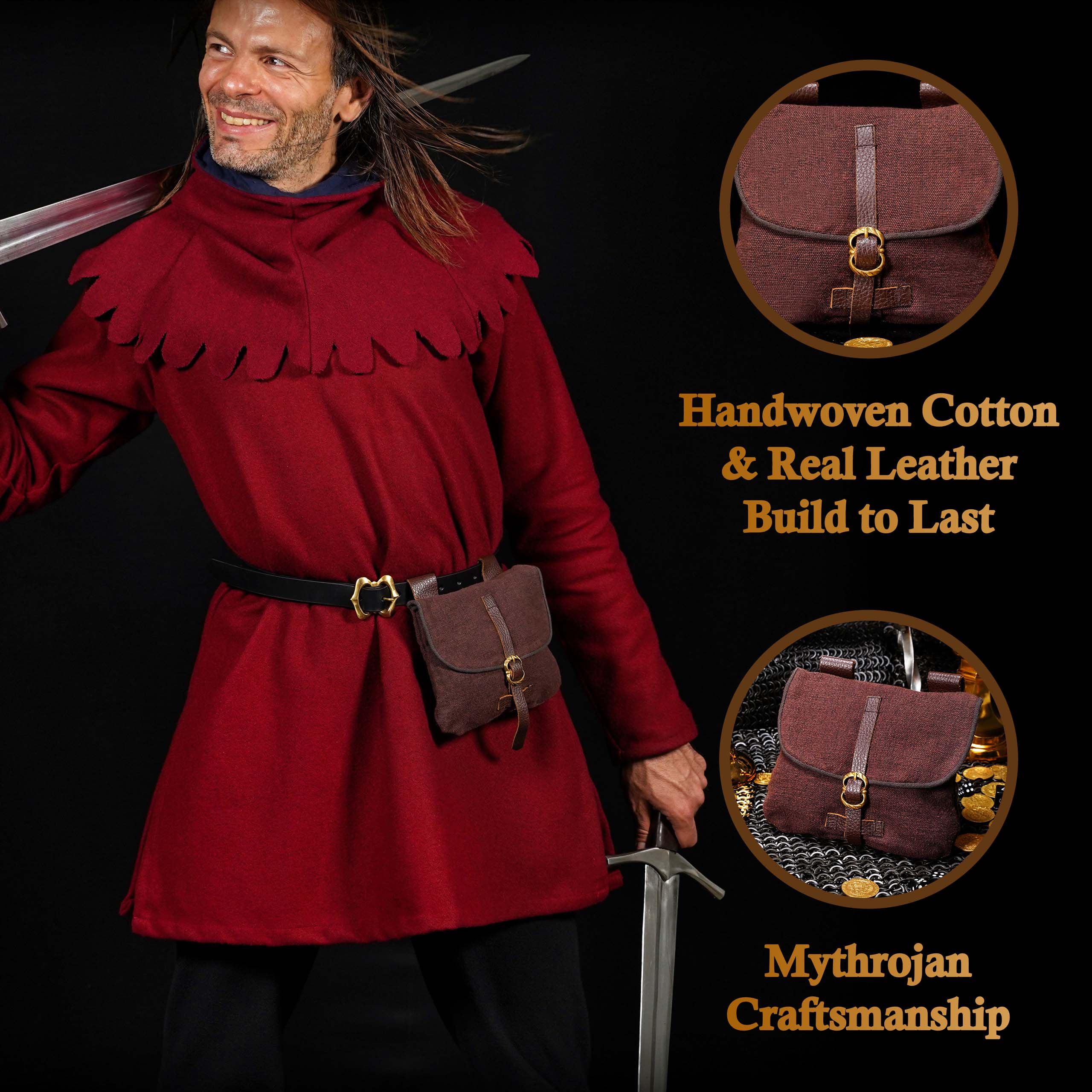 Mythrojan Late Medieval Belt Bag, Ideal for SCA LARP Reenactment & Ren fair, Handwoven Canvas , Brown , 6.2 ”× 7 ”