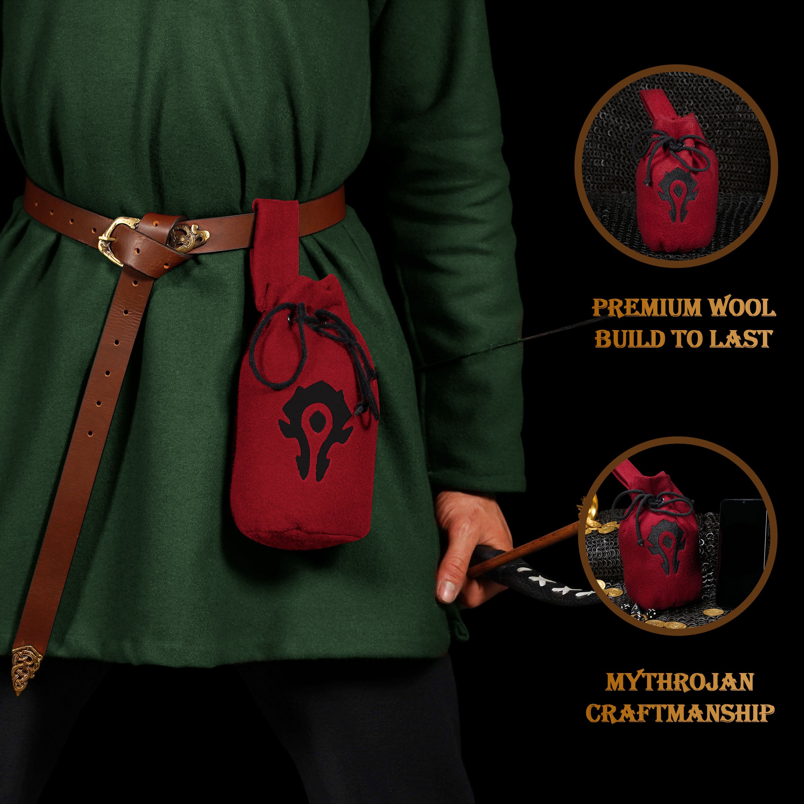 Mythrojan “For the Horde” Wool Drawstring Belt Pouch: Costume Accessory Coin Purse , Maroon , 8” × 6.5”