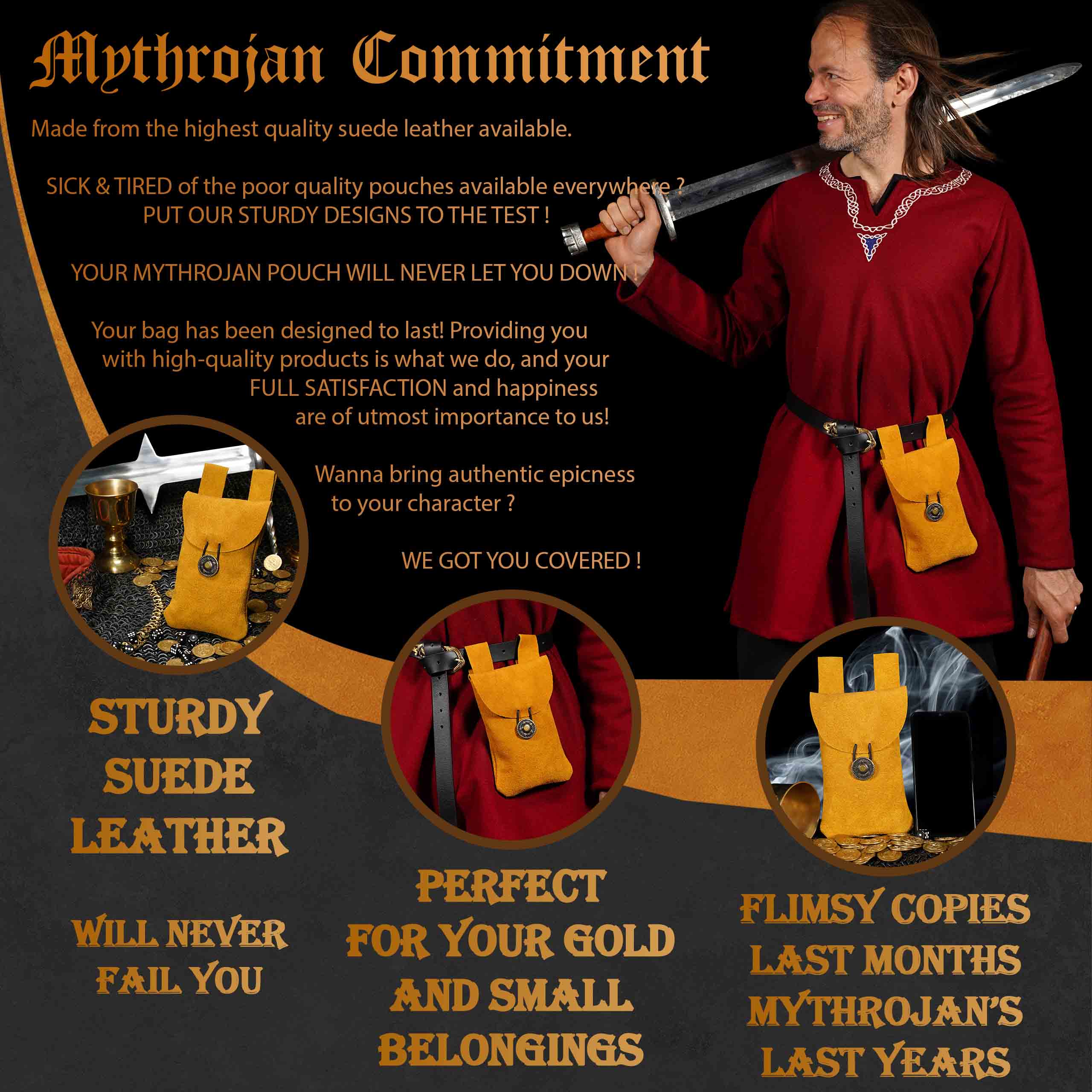 Mythrojan Suede Belt Bag, ideal for SCA LARP reenactment & Ren fair, Suede Leather, Yellow, 7.2”×4.7”