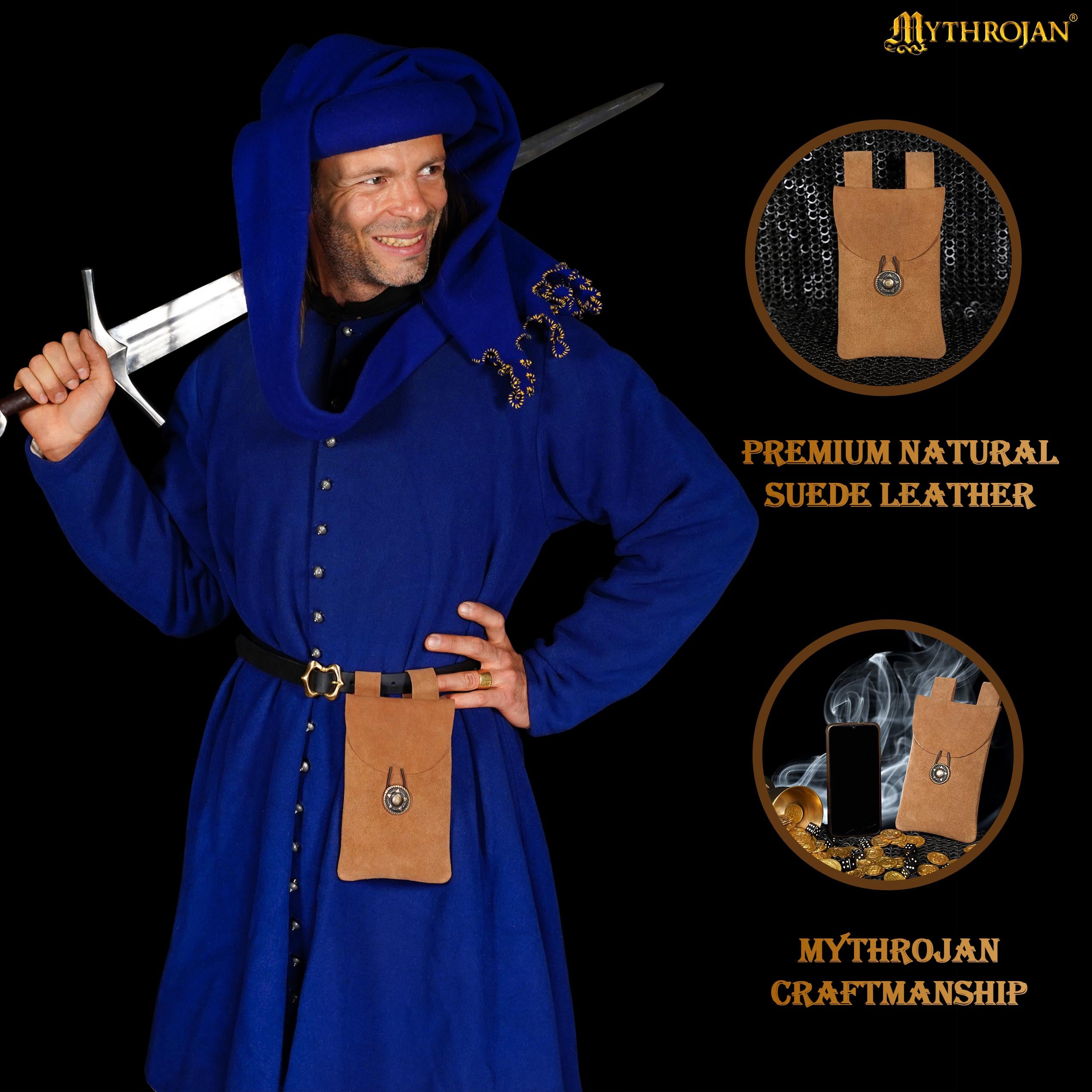 Mythrojan Suede Belt Bag, Ideal for SCA LARP Reenactment & Ren fair, Suede Leather, Brown , 7.2 ”× 4.7 ”