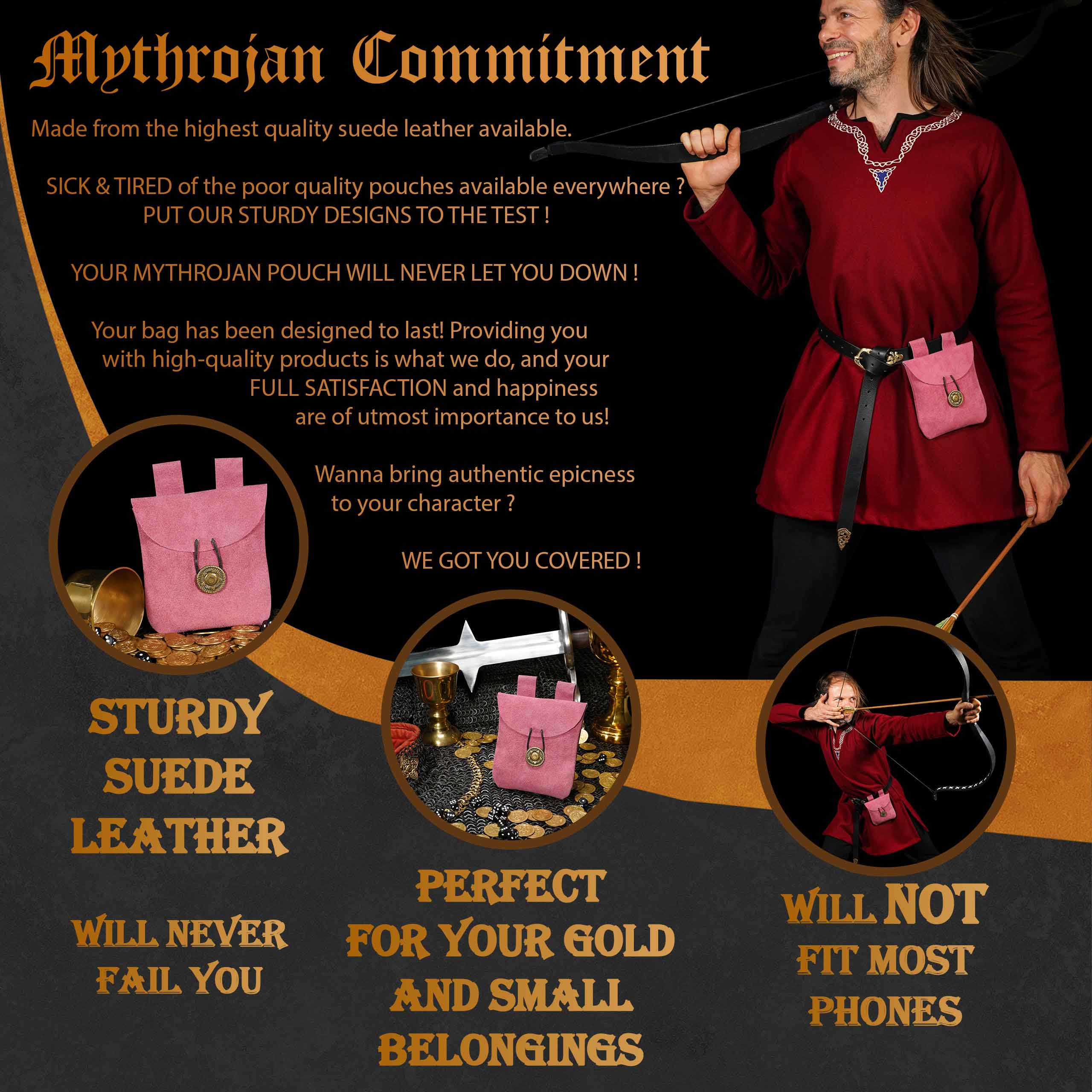 Mythrojan Suede Belt Bag, Ideal for SCA LARP Reenactment & Ren fair, Suede Leather, Pink , 5 .5”× 5.1 ”