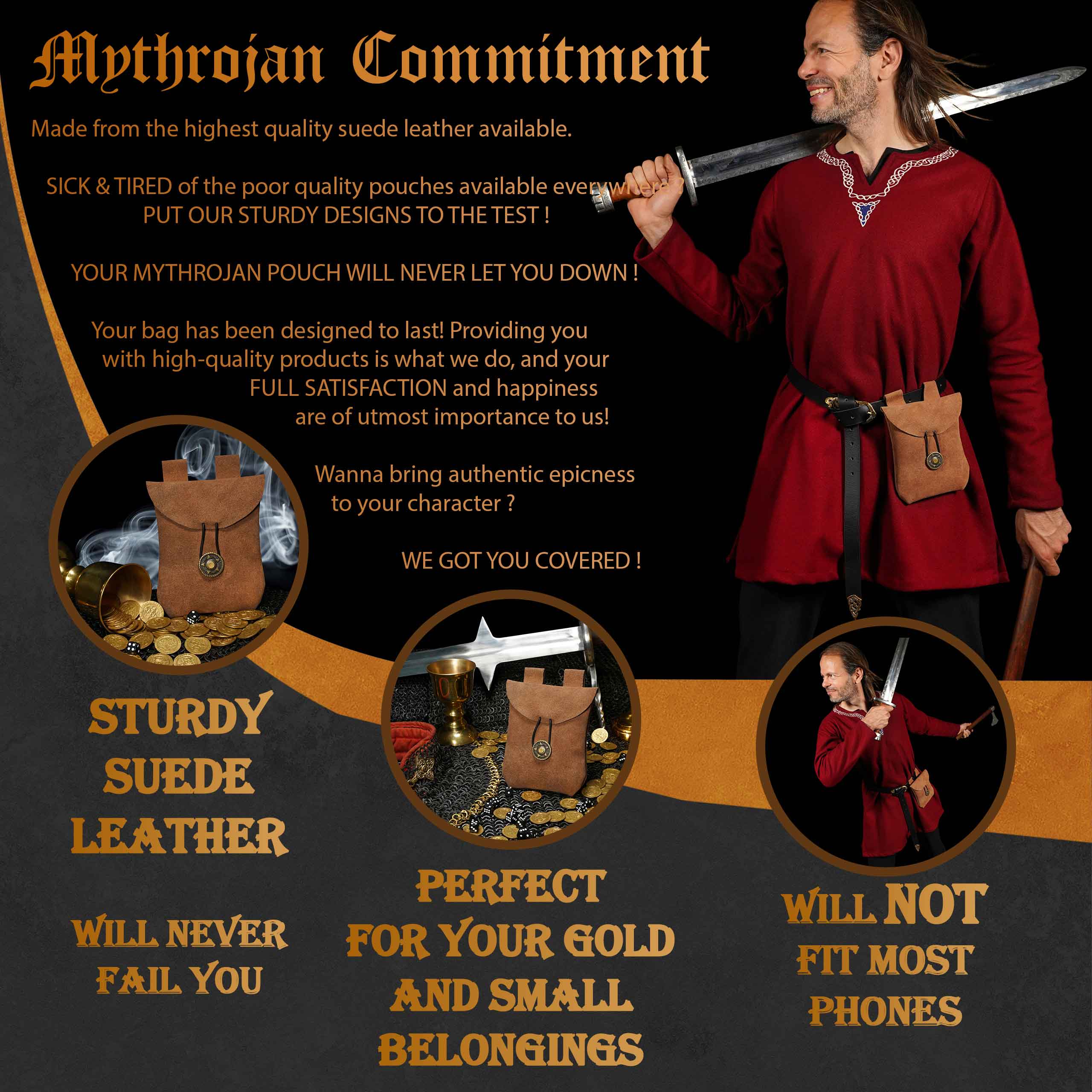 Mythrojan Suede Belt Bag, Ideal for SCA LARP Reenactment & Ren fair, Suede Leather, Brown , 5 .5”× 5.1 ”