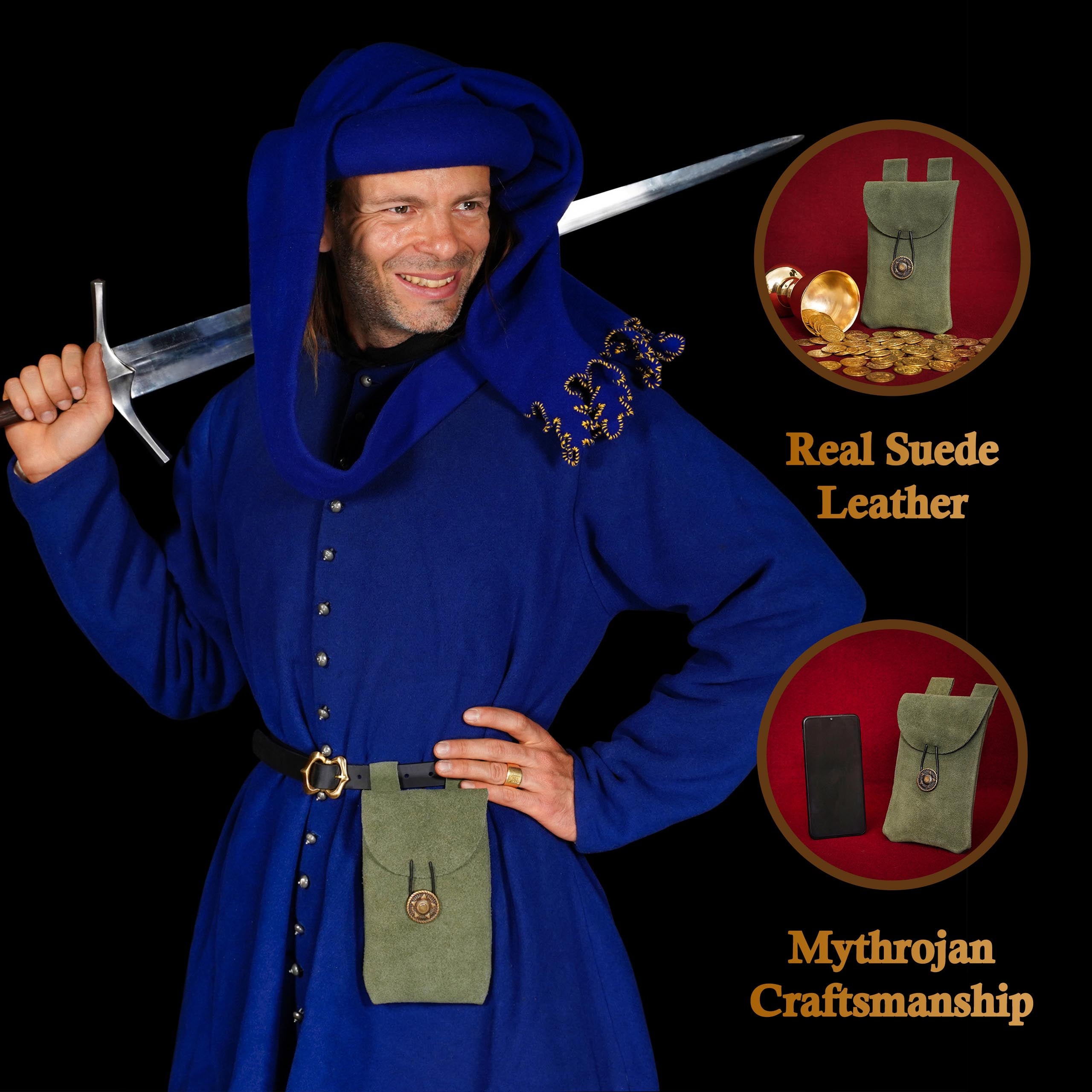 Mythrojan Suede Belt Bag, Ideal for SCA LARP Reenactment & Ren fair, Suede Leather, Dark Green , 7.2 ”× 4.7 ”