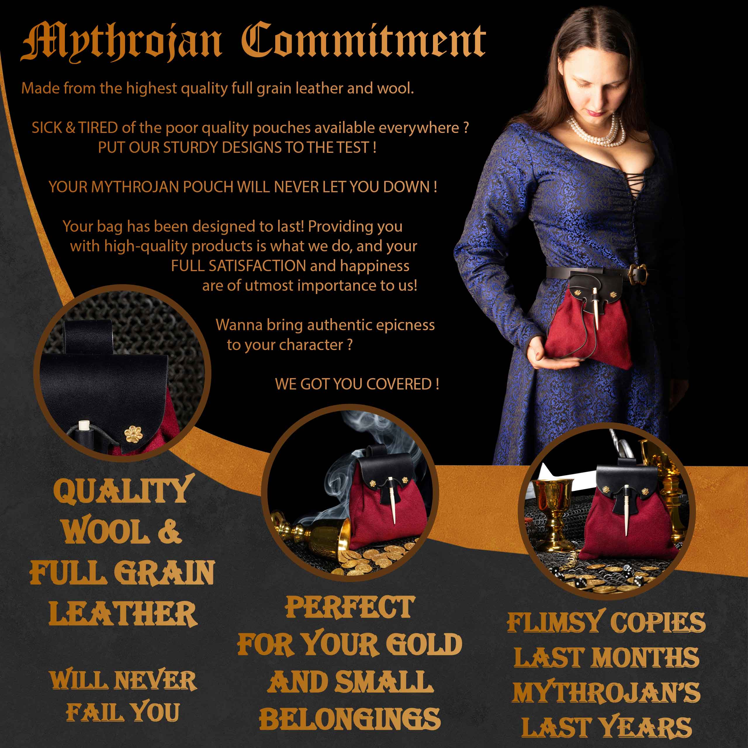 Mythrojan “Gold and Dice” Medieval Fantasy Belt Bag with Bone Needle Closure, Ideal for SCA LARP reenactment & Ren fair, Black and Maroon, 7”×7”