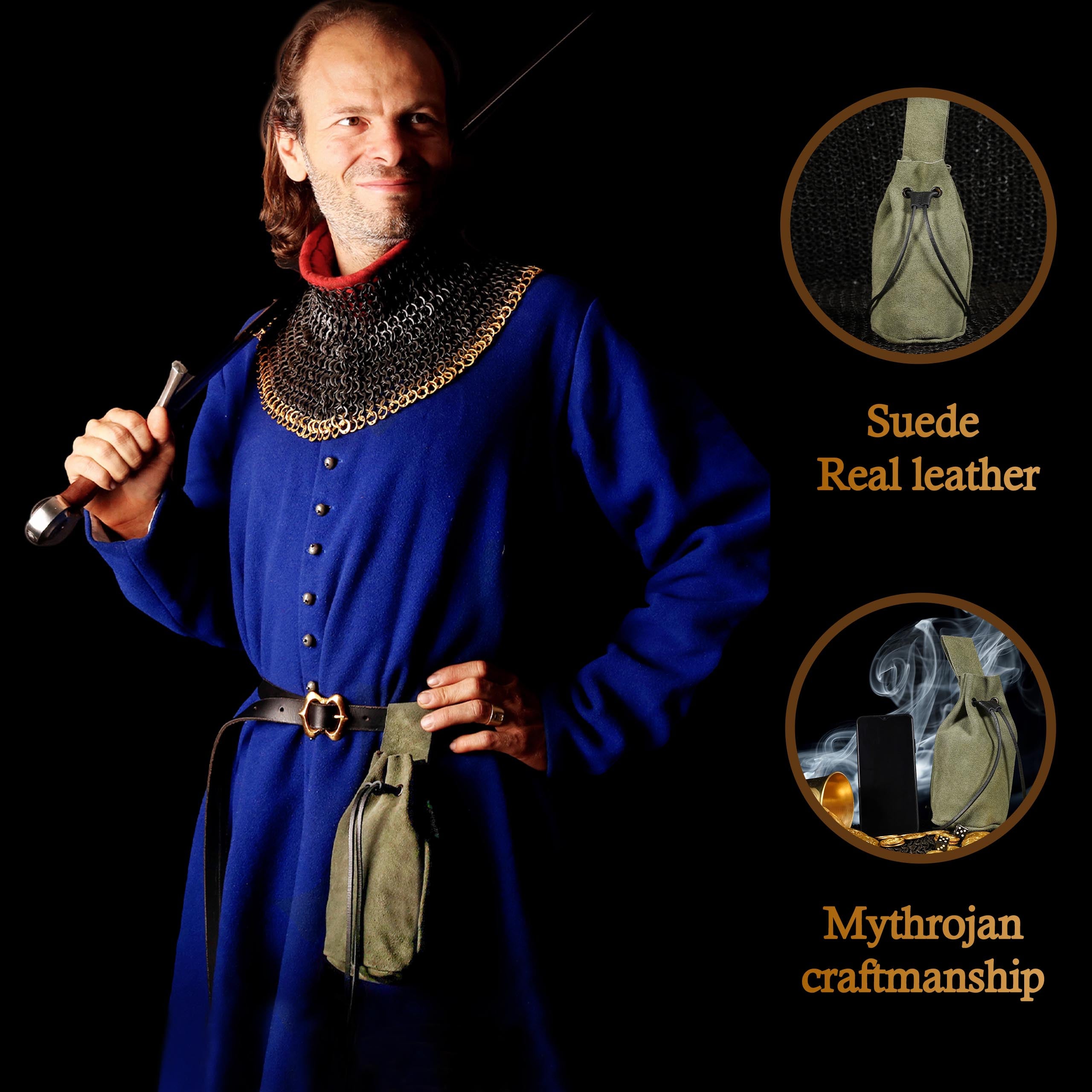 Mythrojan Medieval Drawstring Belt Bag, Ideal for SCA LARP Reenactment & Ren Fair, Suede Leather, Green, 8”×6.5”