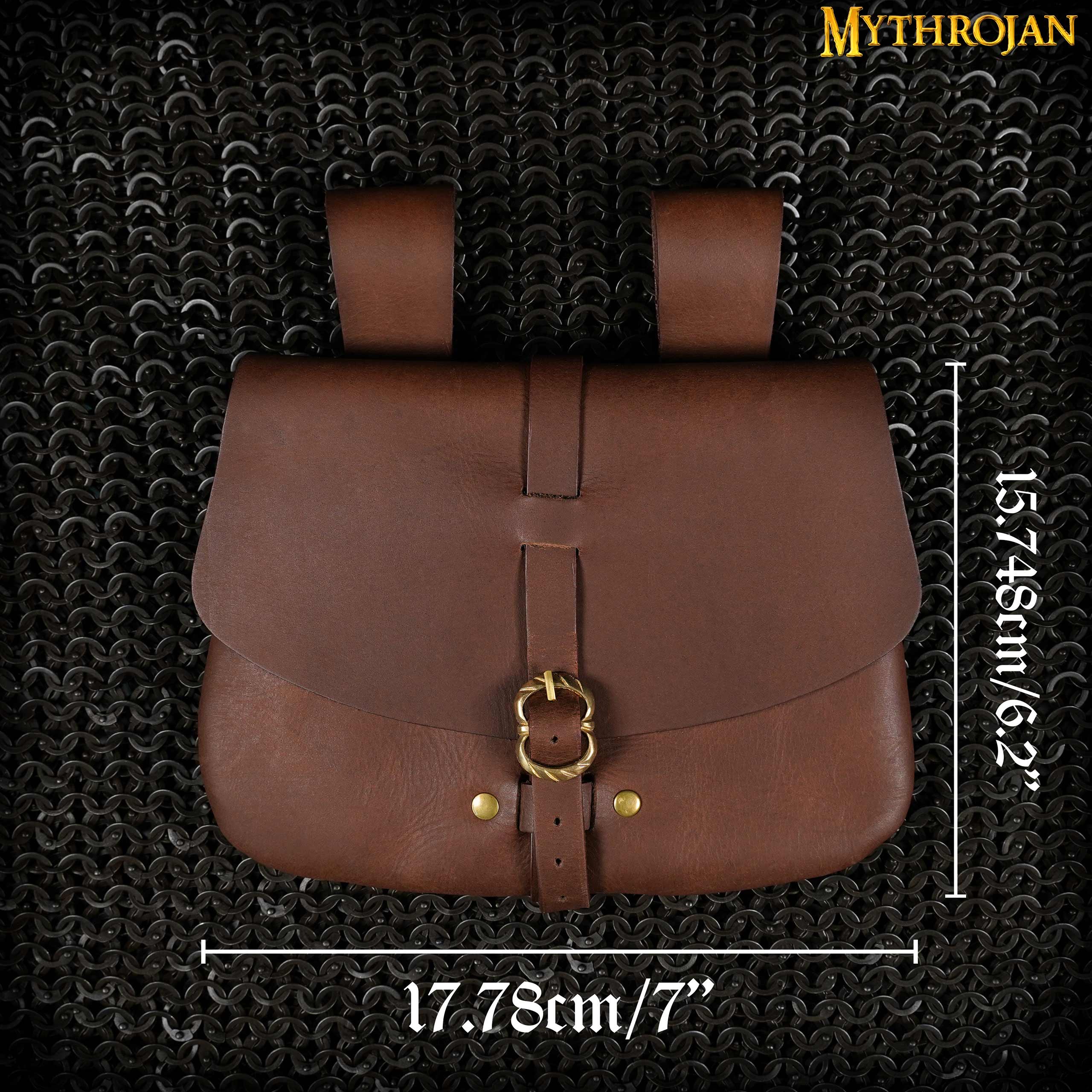 Mythrojan Medieval Leather Bag, Ideal for SCA LARP Reenactment & Ren fair , Full Grain Leather, Brown 6.2 ”× 7 ”