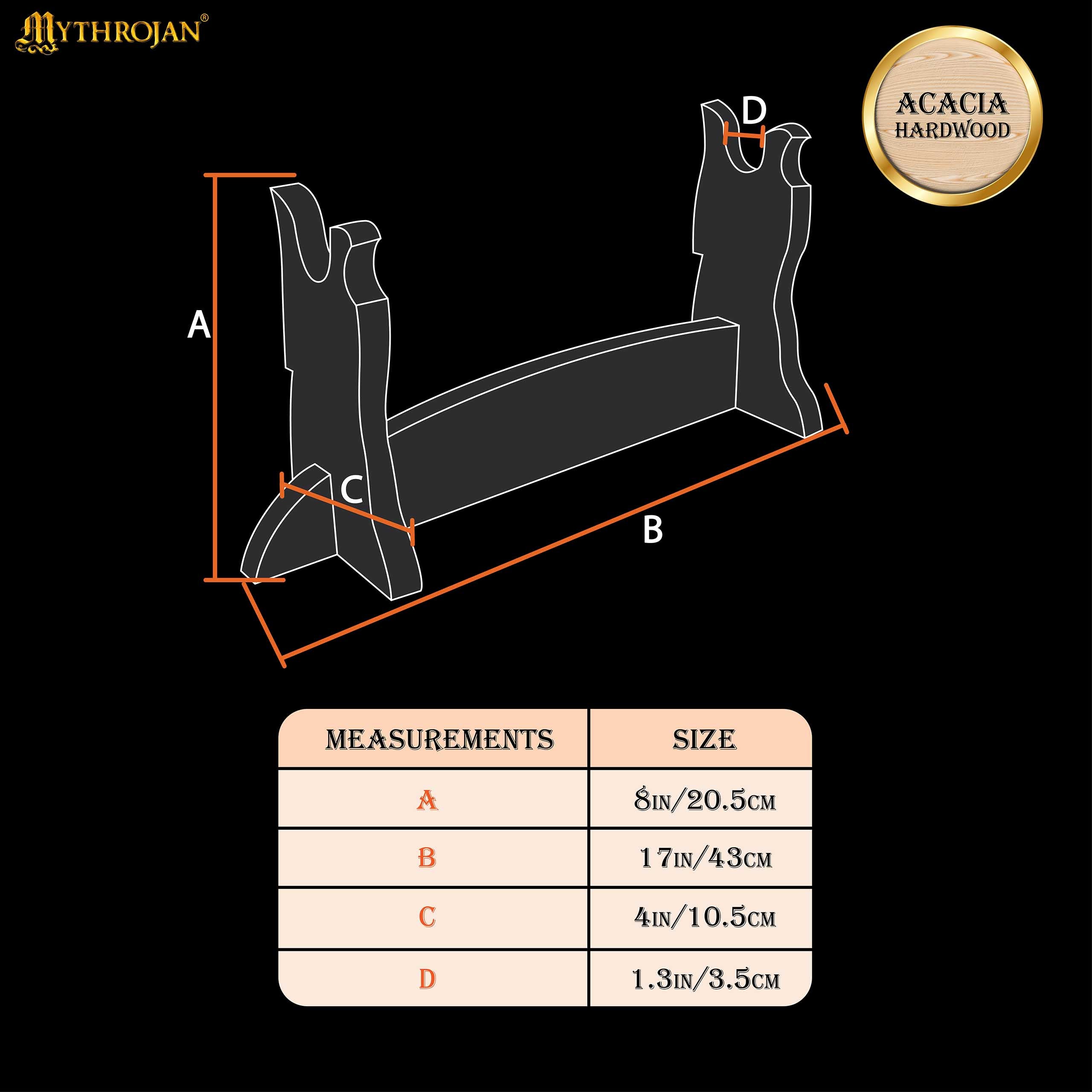 Mythrojan Solid Wood Sword Stand, also Ideal for Axe, Samurai Katana, Gladiator or Crusader Swords, One Tier Stand, 17”×8”