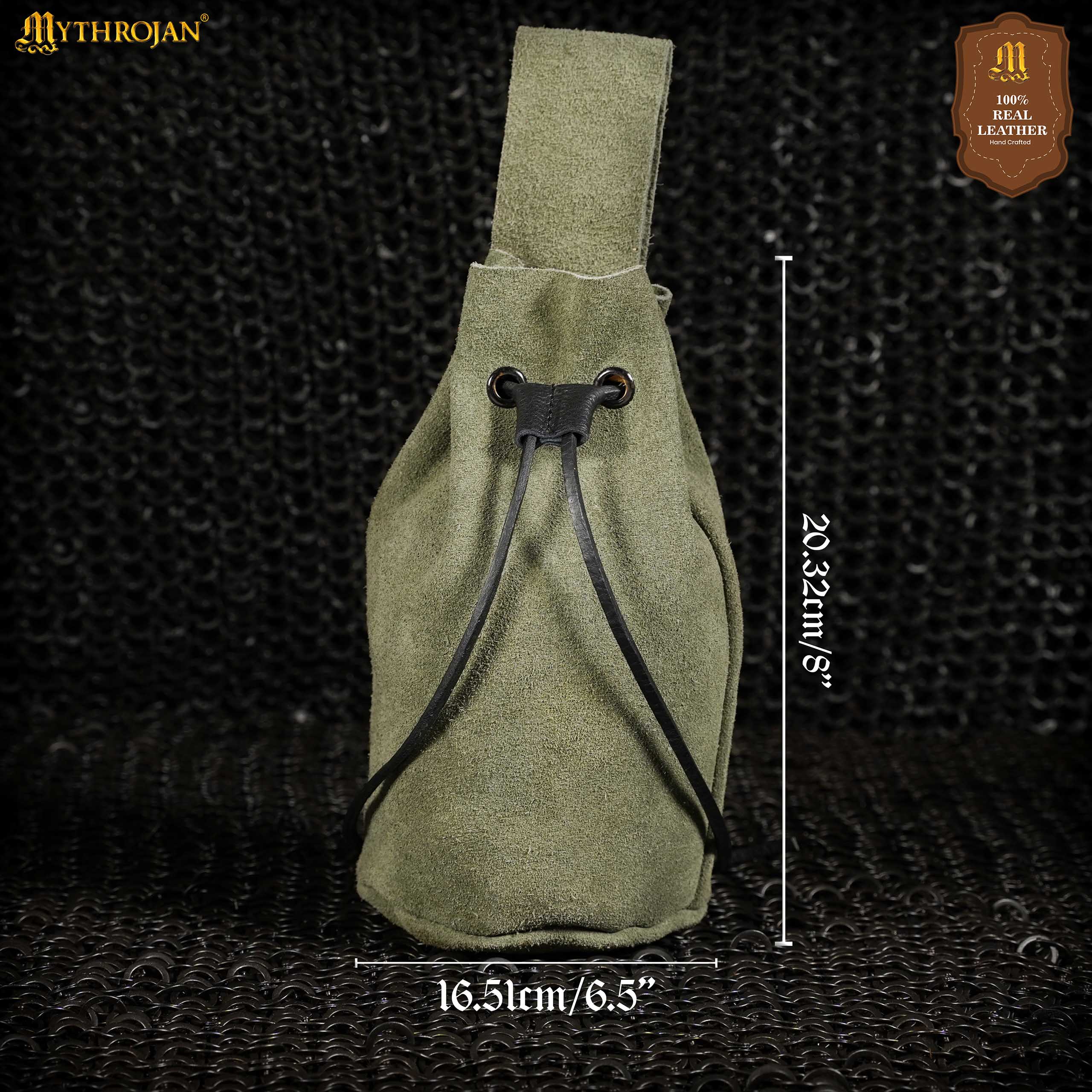 Mythrojan Medieval Drawstring Belt Bag, Ideal for SCA LARP Reenactment & Ren Fair, Suede Leather, Green, 8”×6.5”