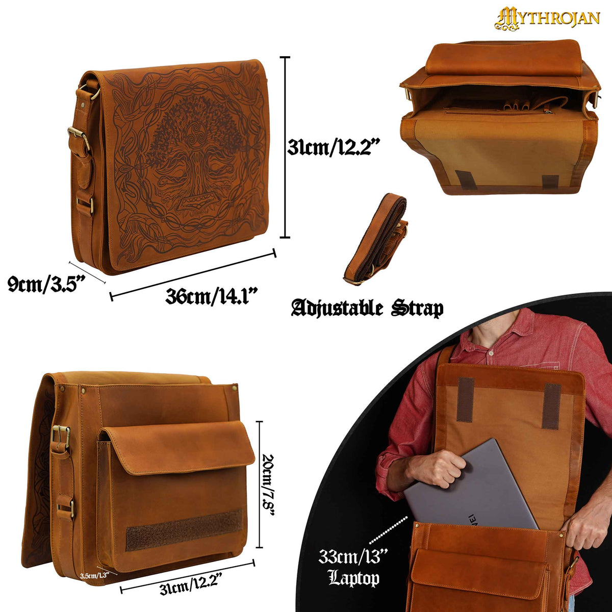 ✓ Mythrojan Urban Viking Satchel - Genuine Leather 14 Mjolnir Messenger Bag