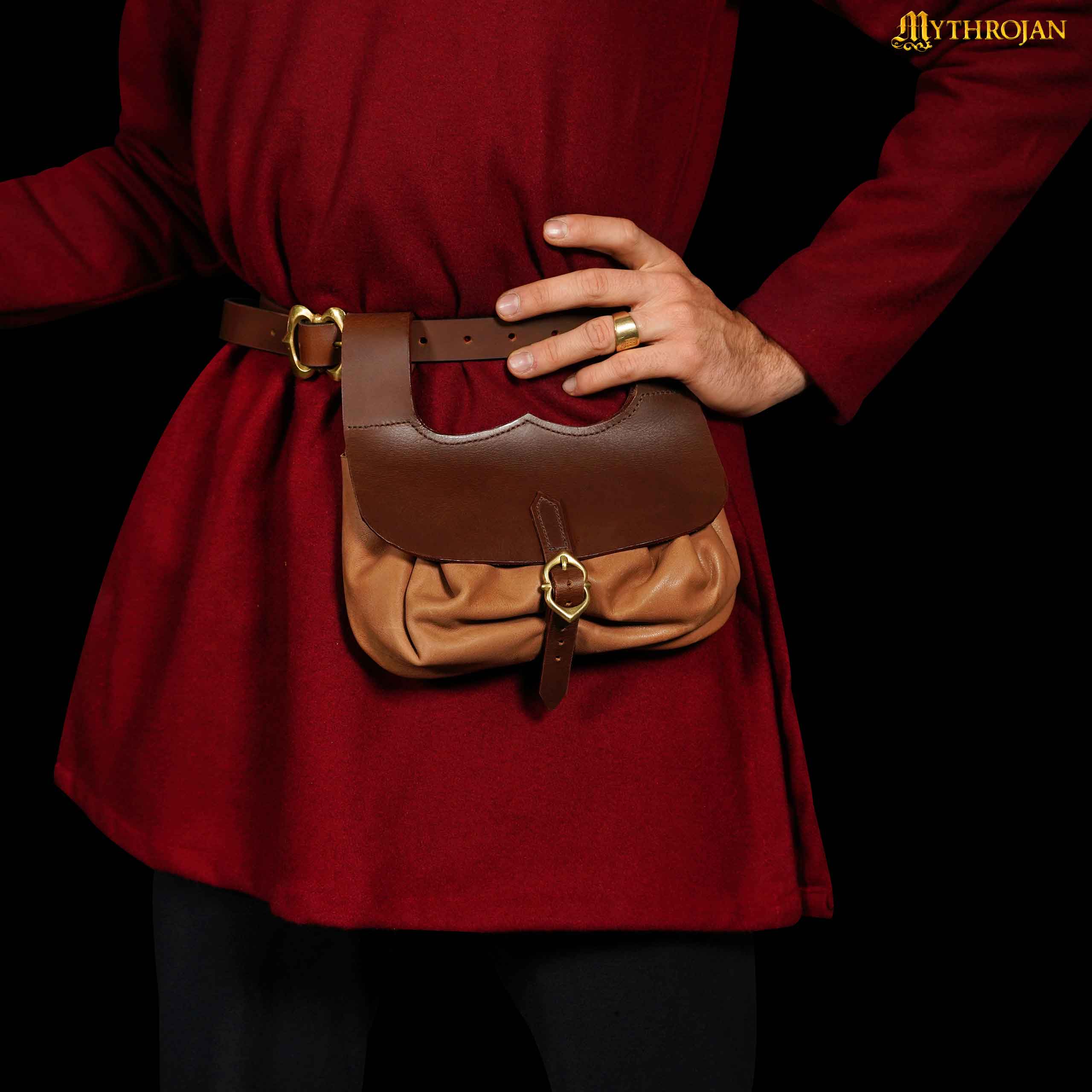 Mythrojan Medieval Belt Bag with Solid Brass Buckle , Ideal for Cosplay SCA LARP Reenactment & Ren fair, Full Grain Leather, Brown , 8.2 ” × 8.6”