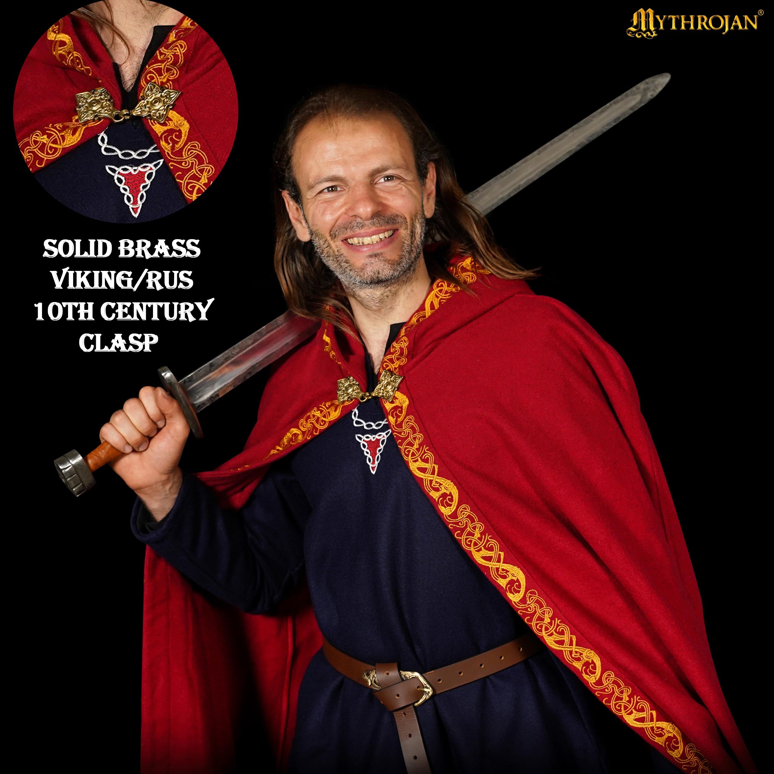 Mythrojan Woolen Embroidered Hooded Cloak /Cape with BRASS BROOCH Wool Cape for Ranger LARP SCA Cosplay