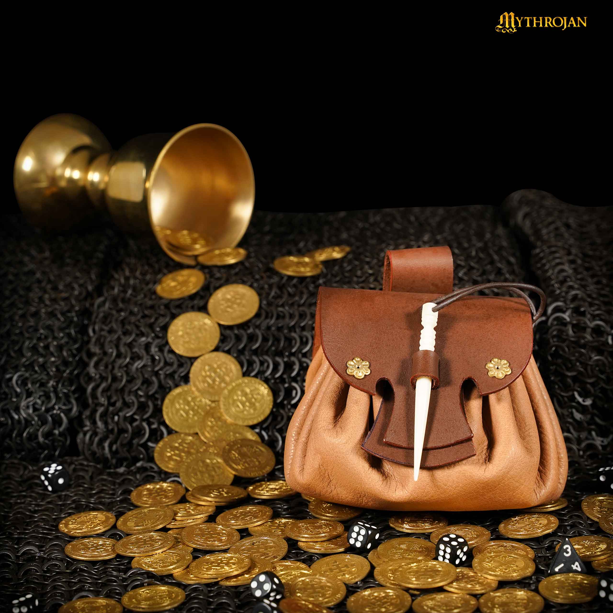 Mythrojan “Gold and Dice” Medieval Fantasy Belt Bag with Bone Needle Closure, Ideal for SCA LARP Reenactment & Ren fair, Brown, 3.5”