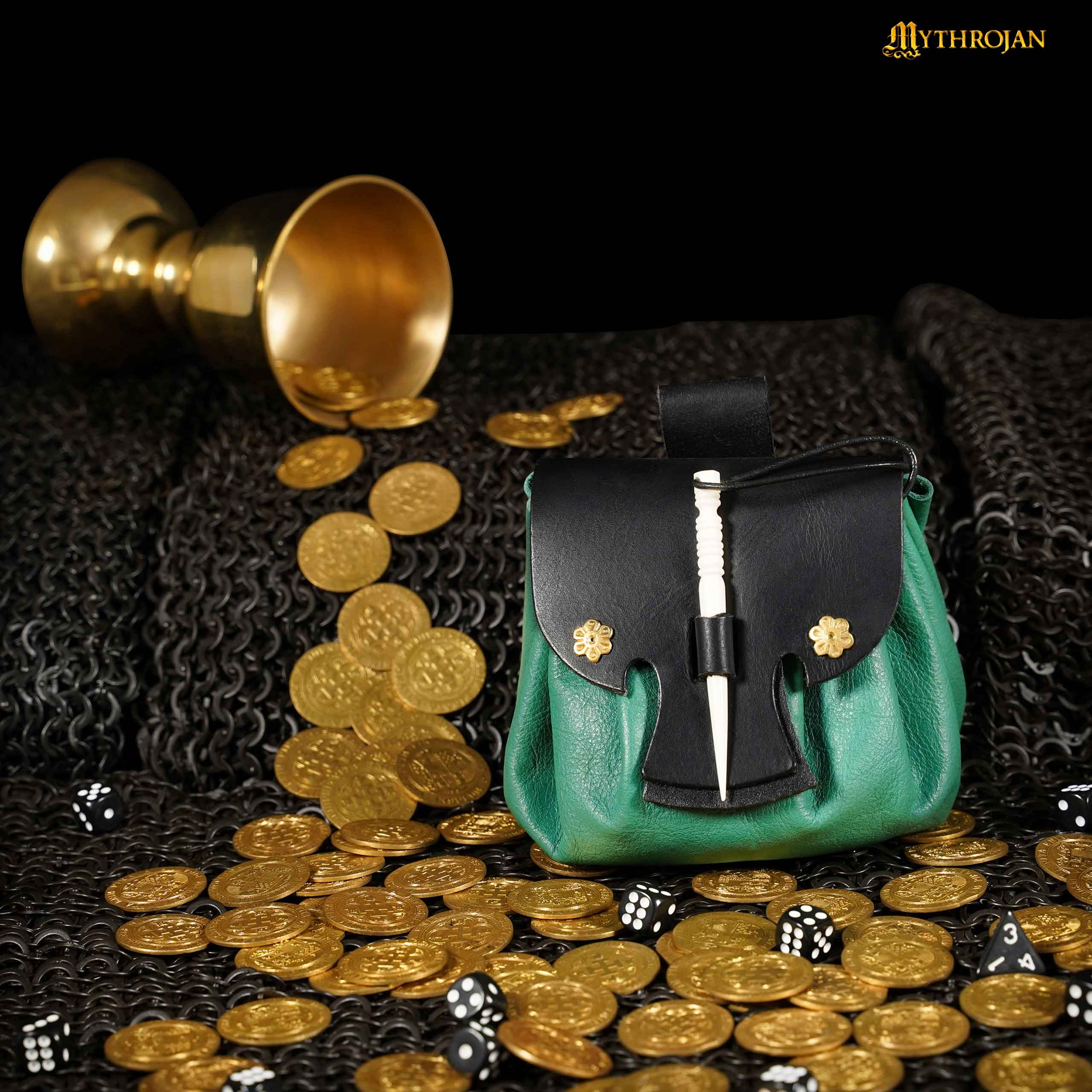Mythrojan “ Gold and Dice ” Medieval Fantasy Belt Bag with Bone Needle Closure, Ideal for SCA LARP Reenactment & Ren fair, Green, 3.5”