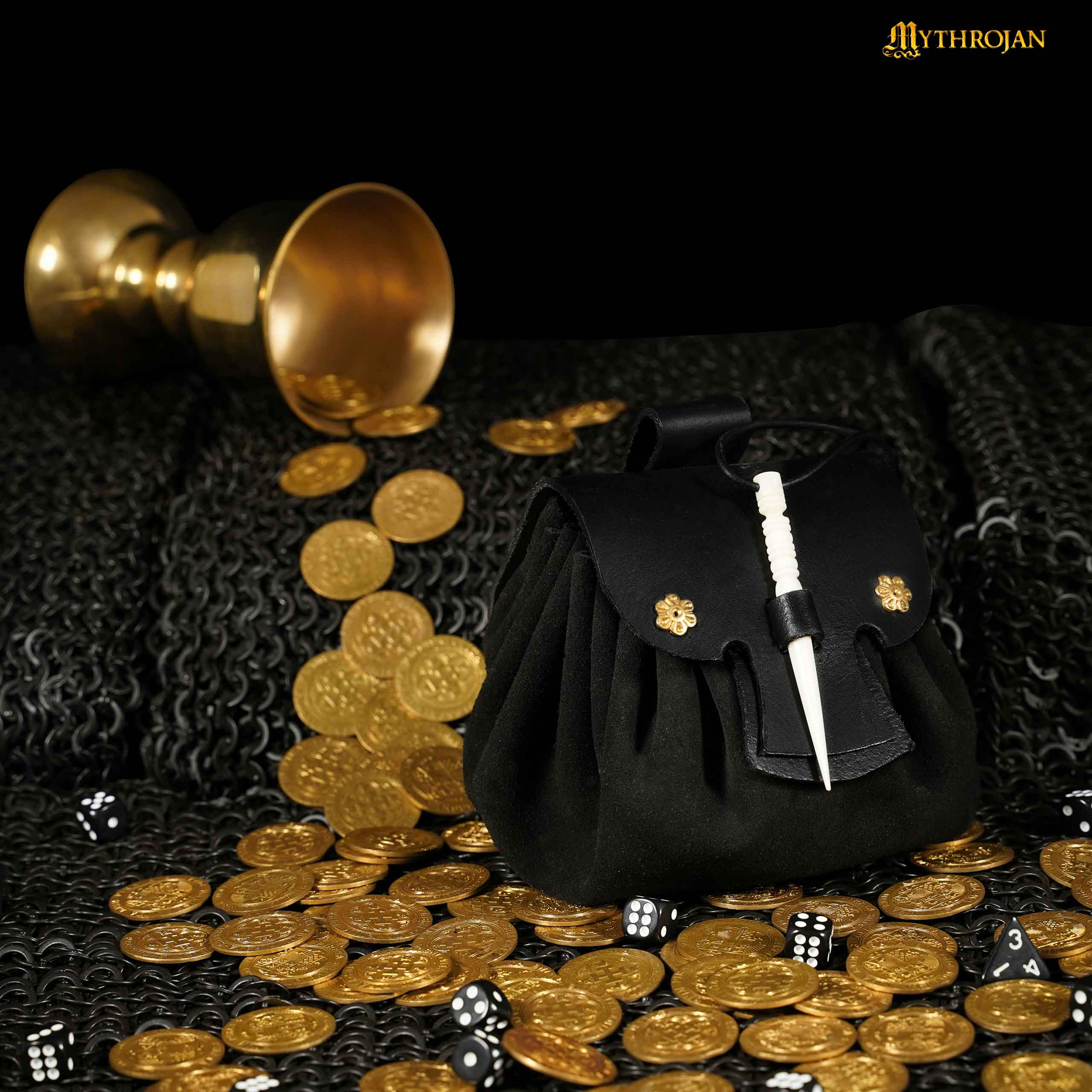 Mythrojan “ Gold and Dice ” Medieval Fantasy Belt Bag with Bone Needle Closure, Ideal for SCA LARP Reenactment & Ren fair, Black, 3.5”