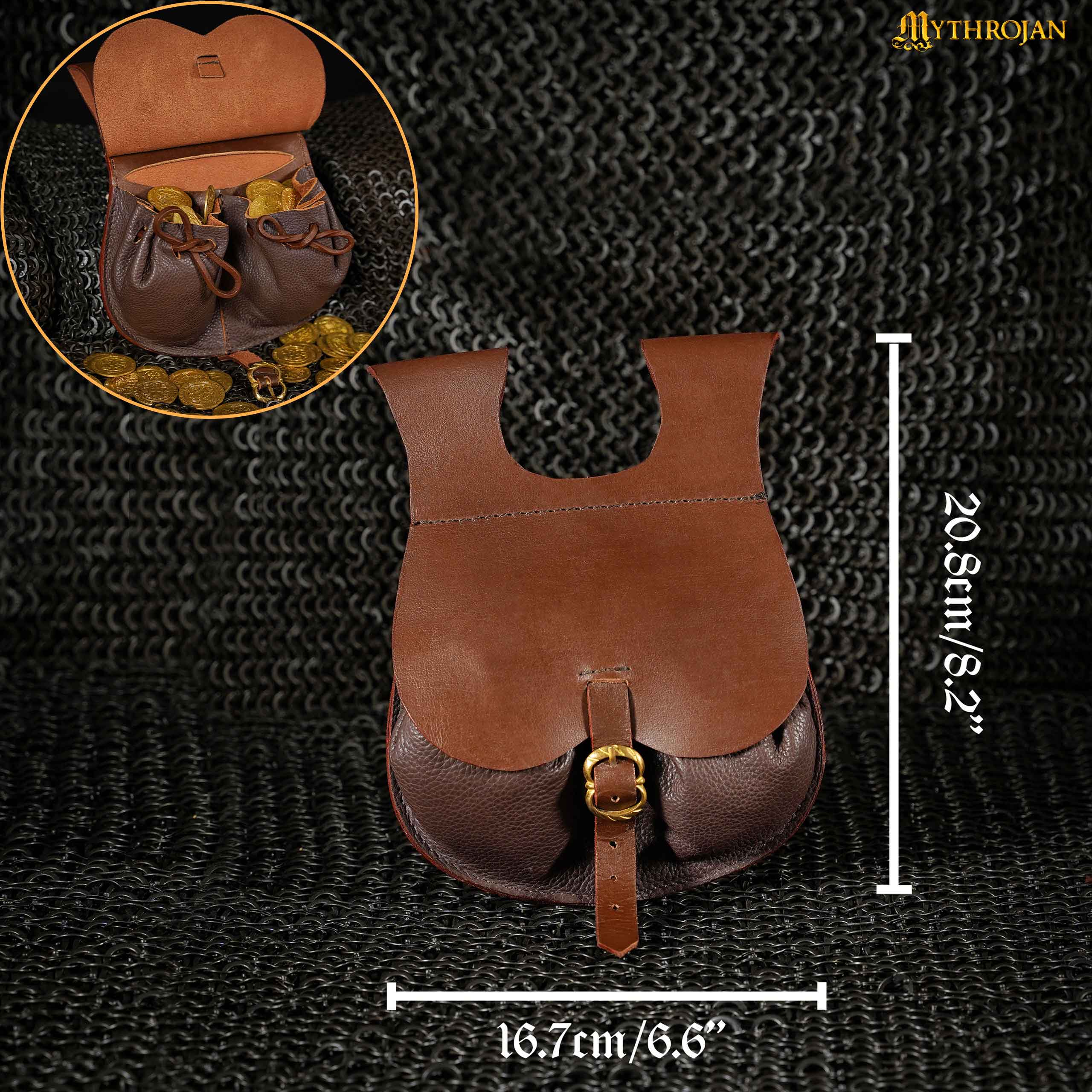 Mythrojan Medieval Belt Bag with Solid Brass Buckle , Ideal for Cosplay SCA LARP Reenactment & Ren fair, Full Grain Leather, Brown, 8.2 ” × 6.6”