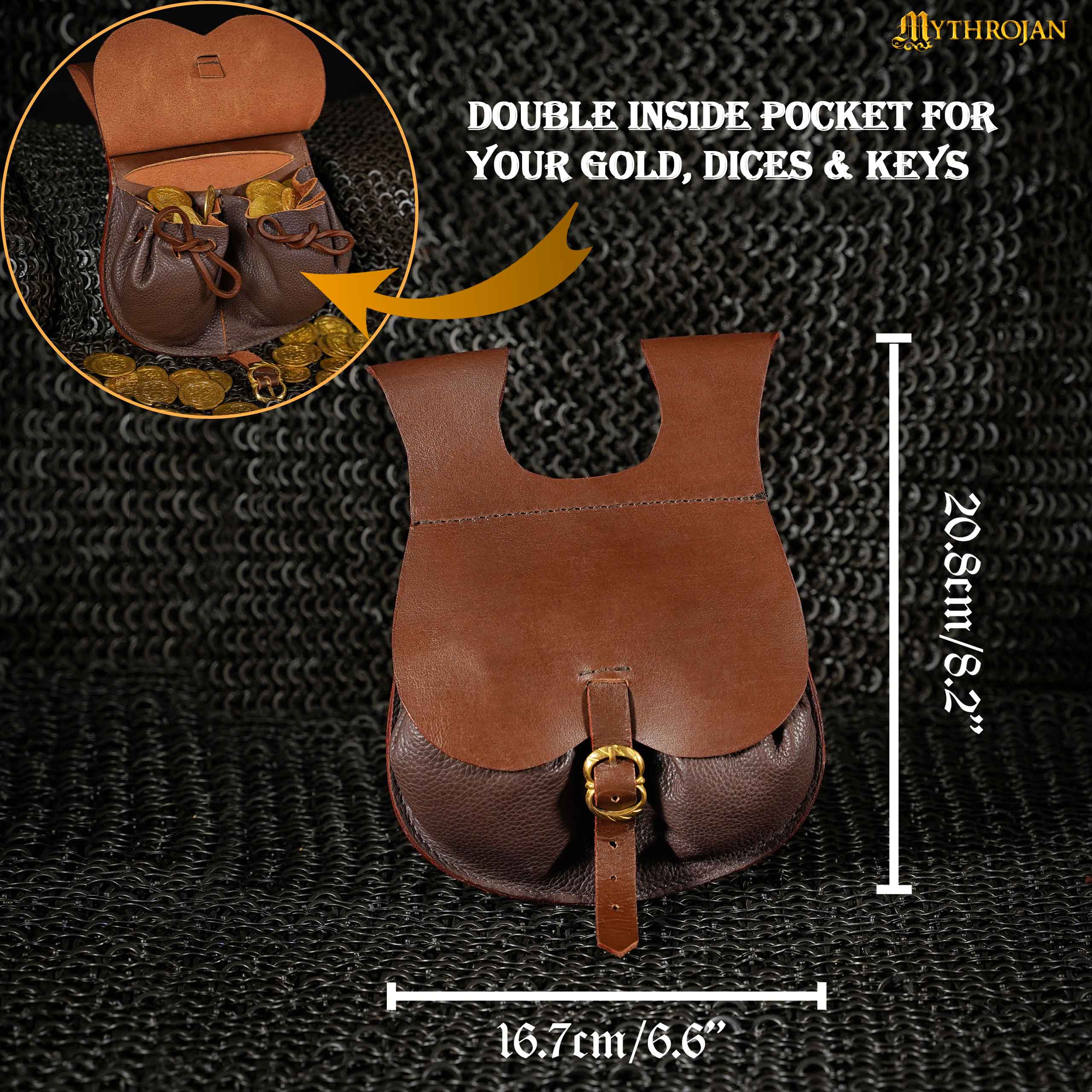 Mythrojan Medieval Belt Bag with Solid Brass Buckle , Ideal for Cosplay SCA LARP Reenactment & Ren fair, Full Grain Leather, Brown, 8.2 ” × 6.6”