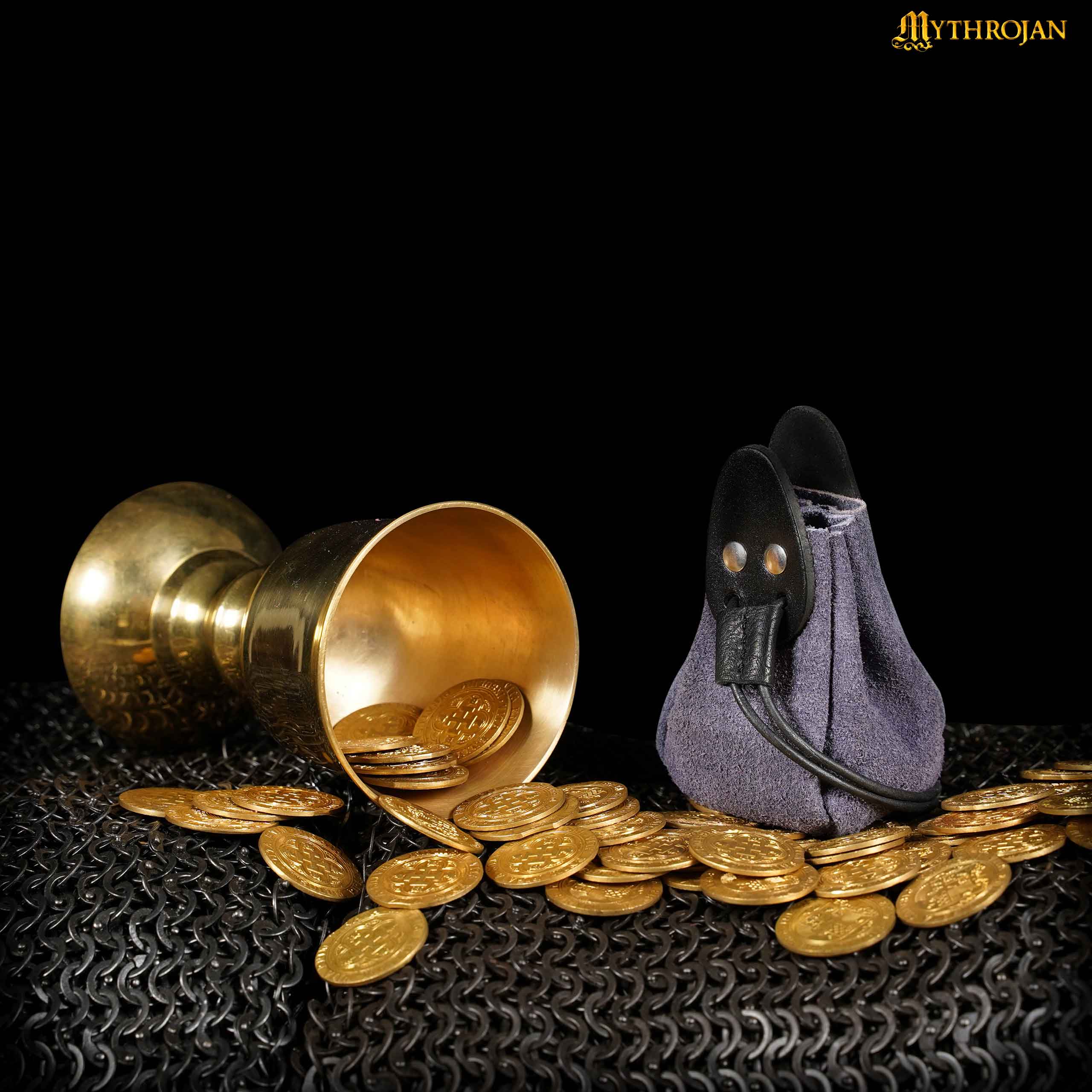 Mythrojan “Gold and Dice” Drawstring Pouch, ideal for SCA LARP reenactment & Ren fair-Suede Leather Pouch, Black and Dark Blue, 4”