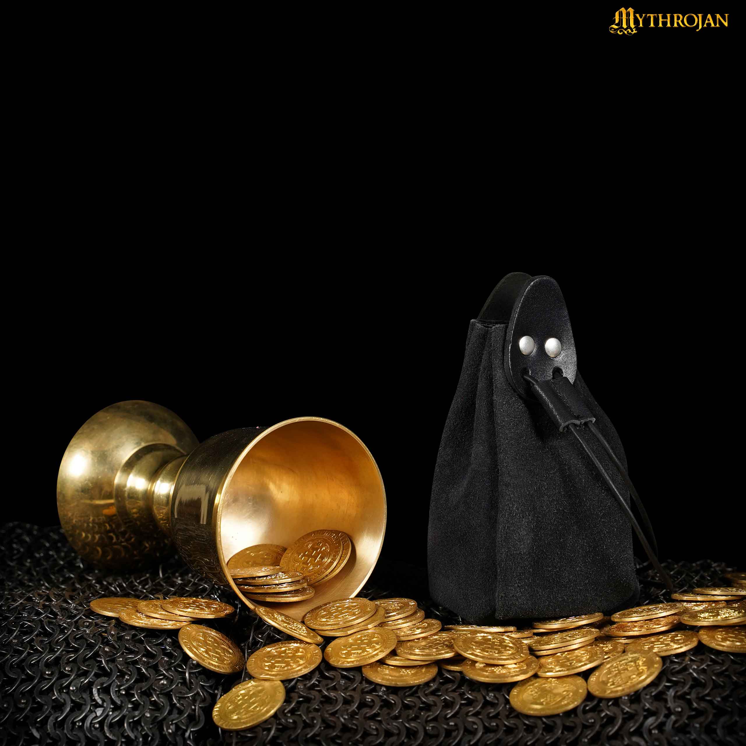 Mythrojan “Gold and Dice” Drawstring Pouch, Ideal for SCA LARP Reenactment & Ren fair - Suede Leather Pouch, Black , 6 ”