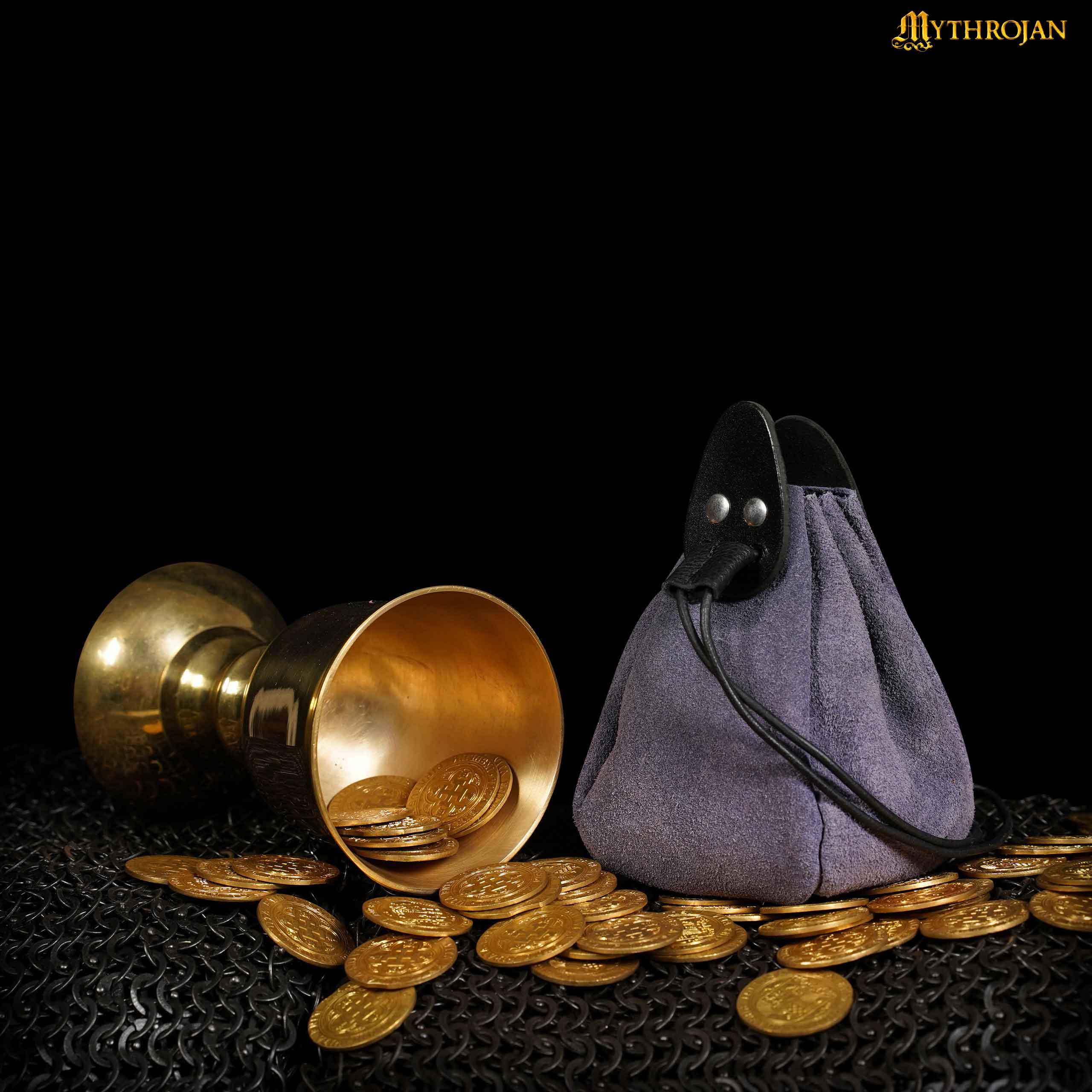 Mythrojan “Gold and Dice” Drawstring Pouch, ideal for SCA LARP reenactment & Ren fair-Suede Leather Pouch, Black and Dark Blue, 6