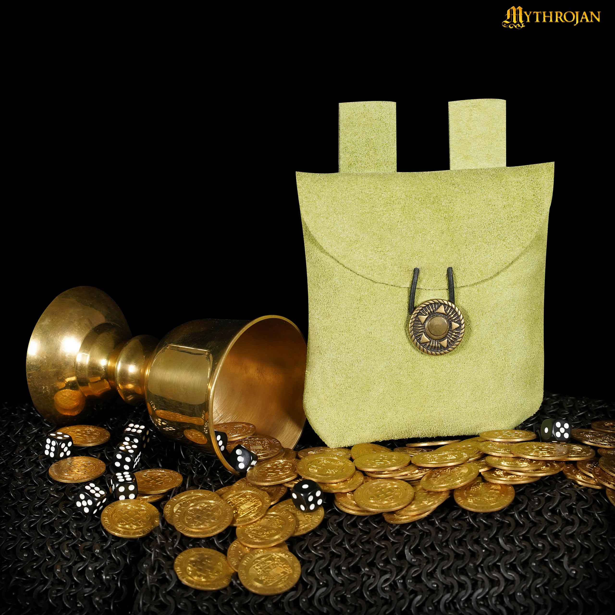 Mythrojan Suede Belt Bag, Ideal for SCA LARP Reenactment & Ren fair, Suede Leather, Olive , 5 .5”× 5.1 ”