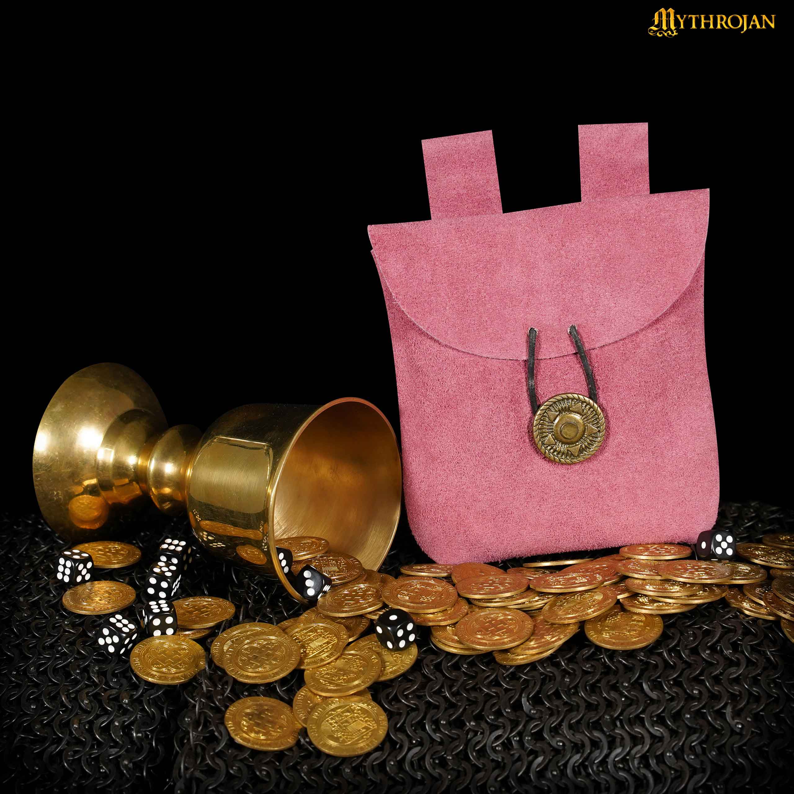 Mythrojan Suede Belt Bag, Ideal for SCA LARP Reenactment & Ren fair, Suede Leather, Pink , 5 .5”× 5.1 ”