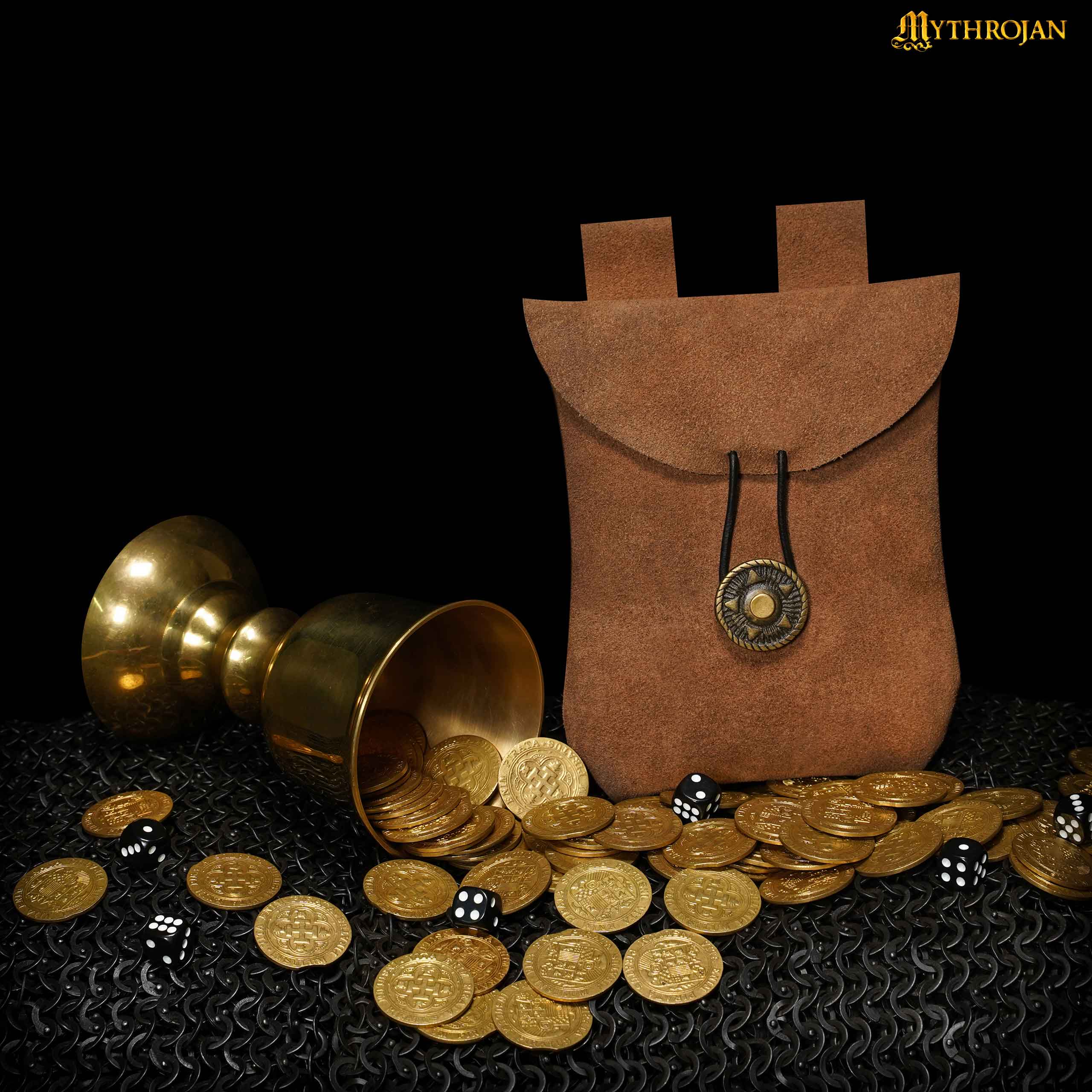 Mythrojan Suede Belt Bag, Ideal for SCA LARP Reenactment & Ren fair, Suede Leather, Brown , 5 .5”× 5.1 ”