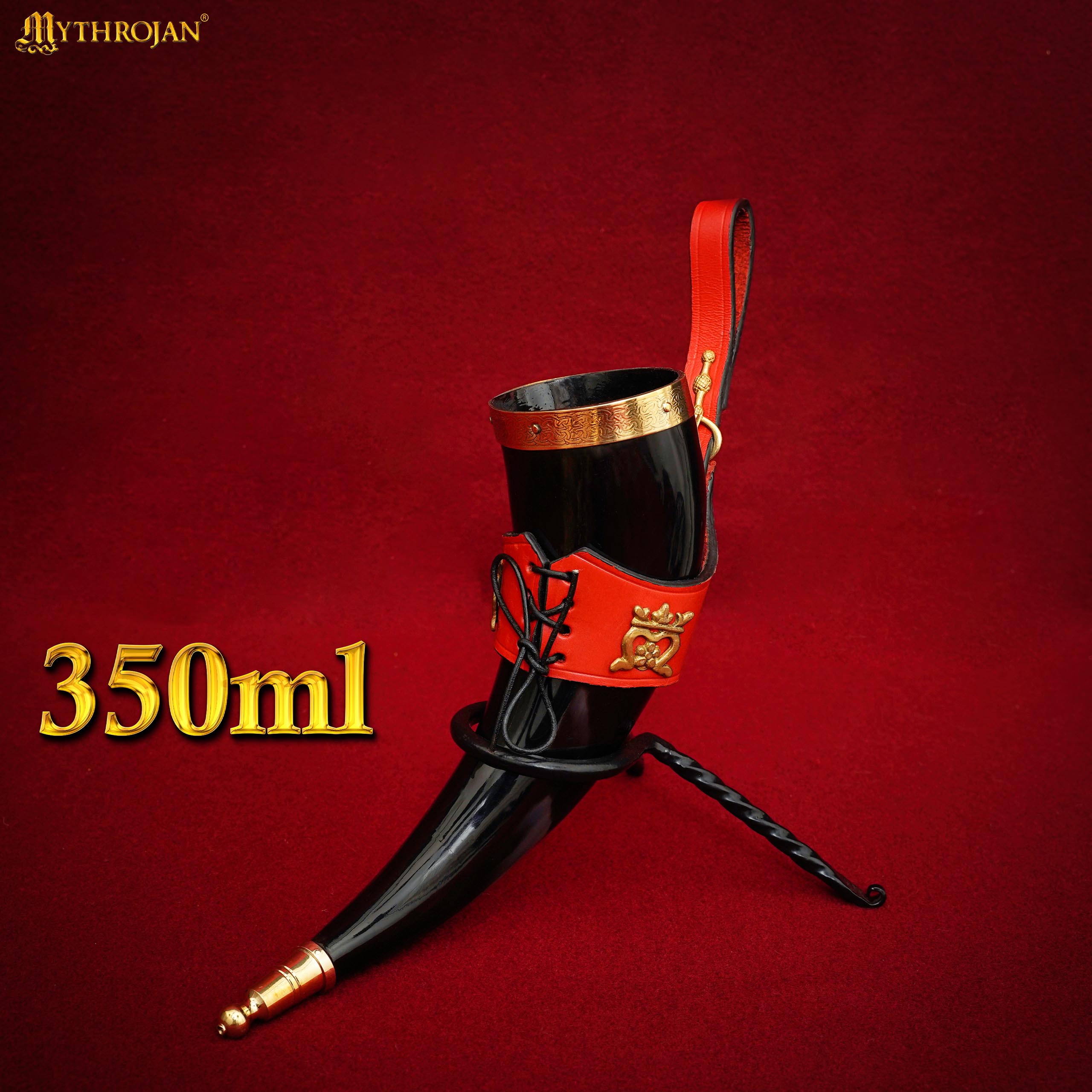 Mythrojan THE ELEGANT LADY Viking Drinking Horn with Red Leather holder Authentic Medieval Inspired Viking Wine/Mead Mug - Polished Finish - 350ML