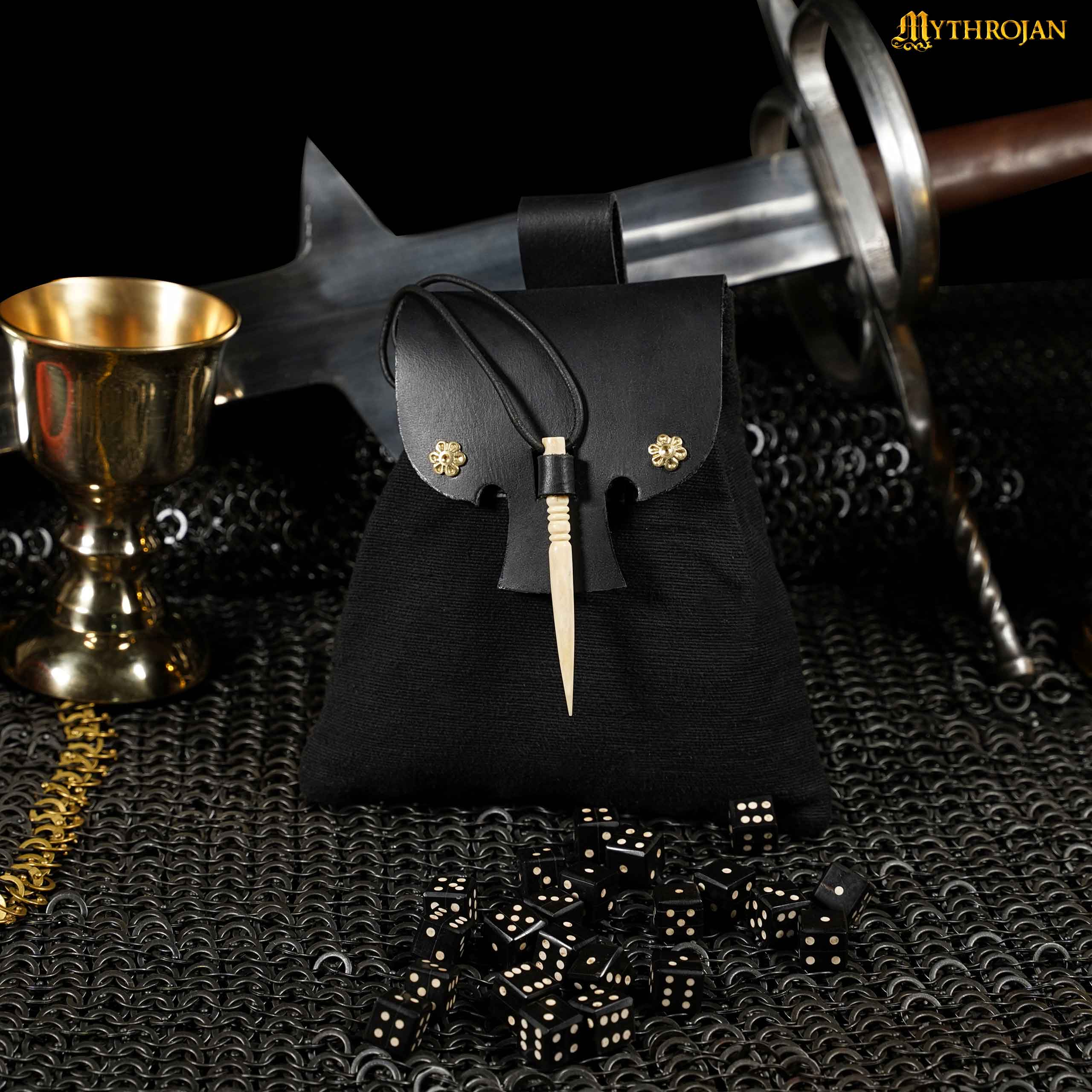 Mythrojan “Gold and Dice” Medieval Fantasy Belt Bag with Bone Needle Closure, Ideal for SCA LARP Reenactment & Ren fair, Black, 7”×7”