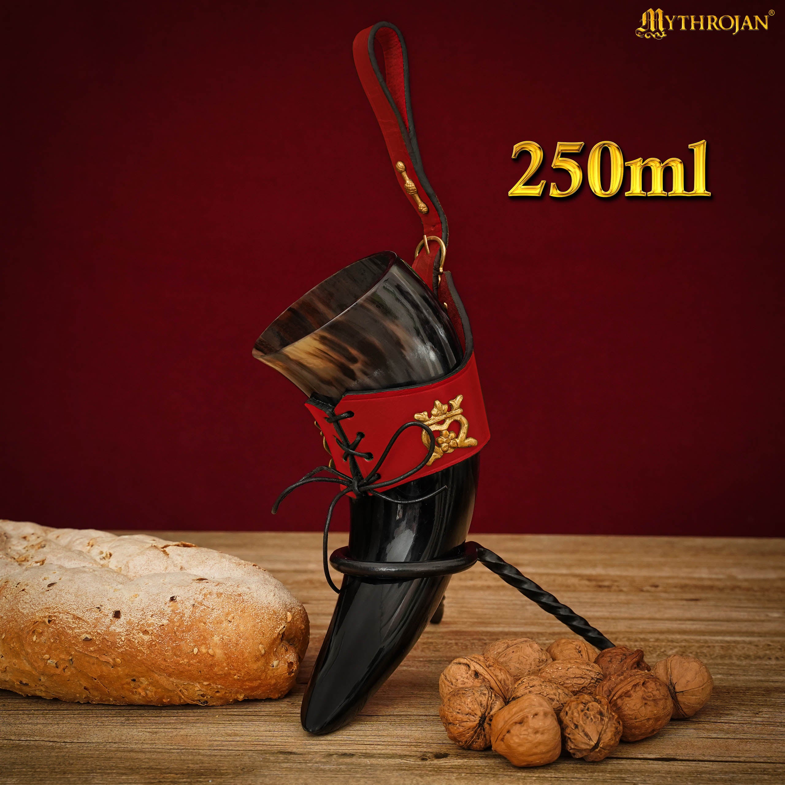 Mythrojan"THE ELEGANT LADY" Viking Drinking Horn with Leather Holder Authentic Medieval Inspired Viking Wine/Mead Mug - Polished Finish - 250 ML / Red