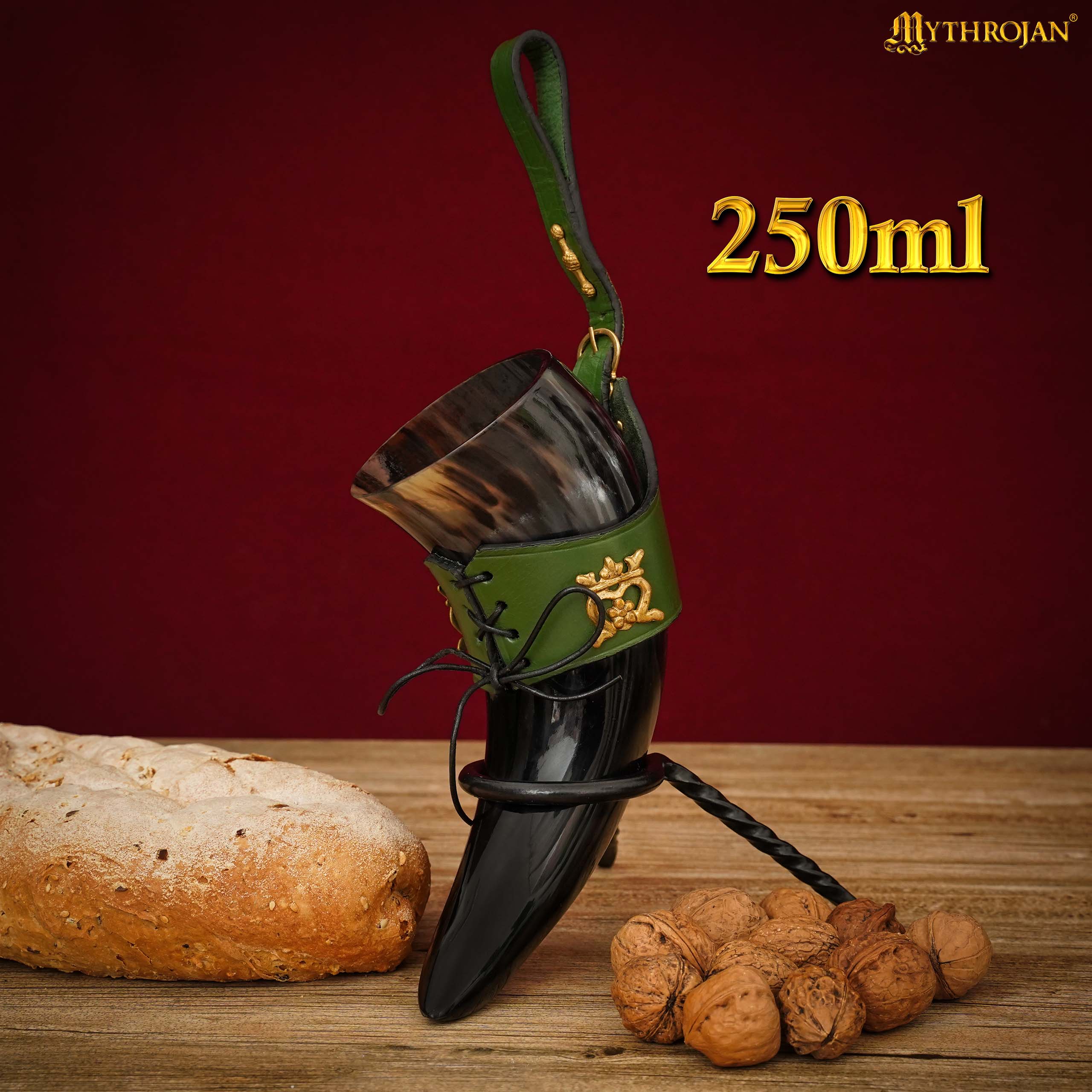 Mythrojan"THE ELEGANT LADY" Viking Drinking Horn with Leather Holder Authentic Medieval Inspired Viking Wine/Mead Mug - Polished Finish - 250 ML / Green