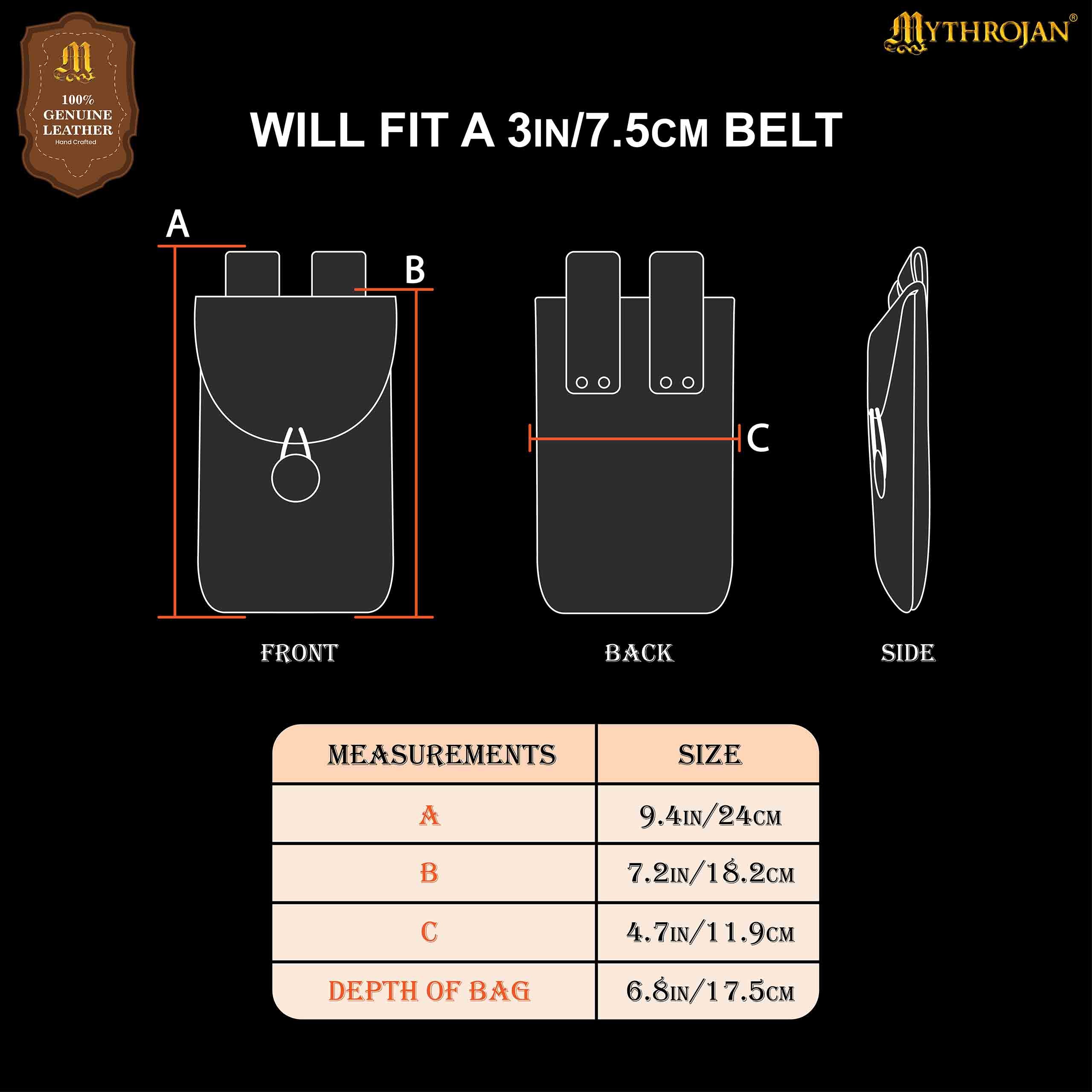 Mythrojan Leather Belt Bag, Ideal for SCA LARP Reenactment & Ren fair, Full Grain Leather, Natural , 7.2 ”× 4.7 ”