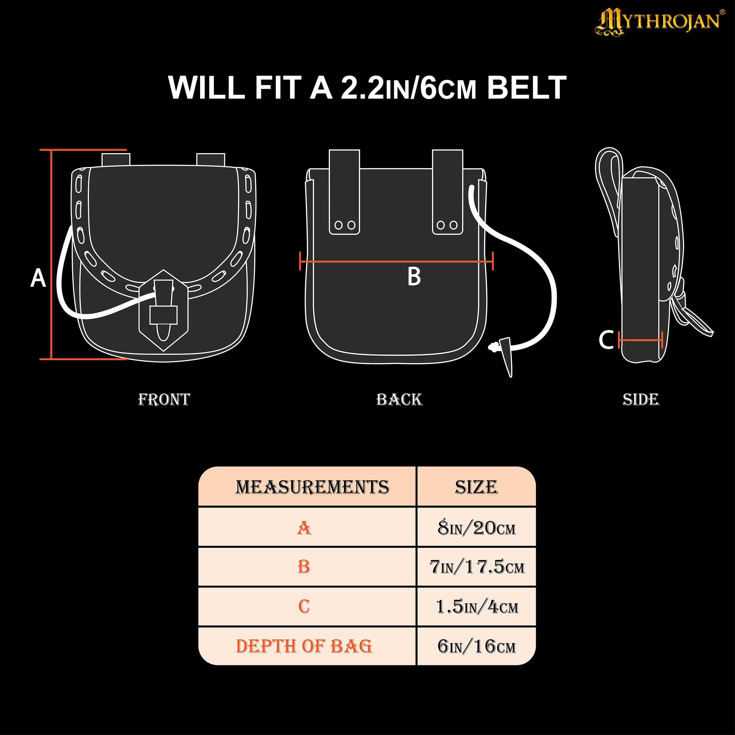 Mythrojan “The Adventurer’s” Belt Bag with Horn Toggle, Ideal for SCA LARP Reenactment & Ren fair, Full Grain Leather and Handwoven Canvas , Black , 8” × 7”