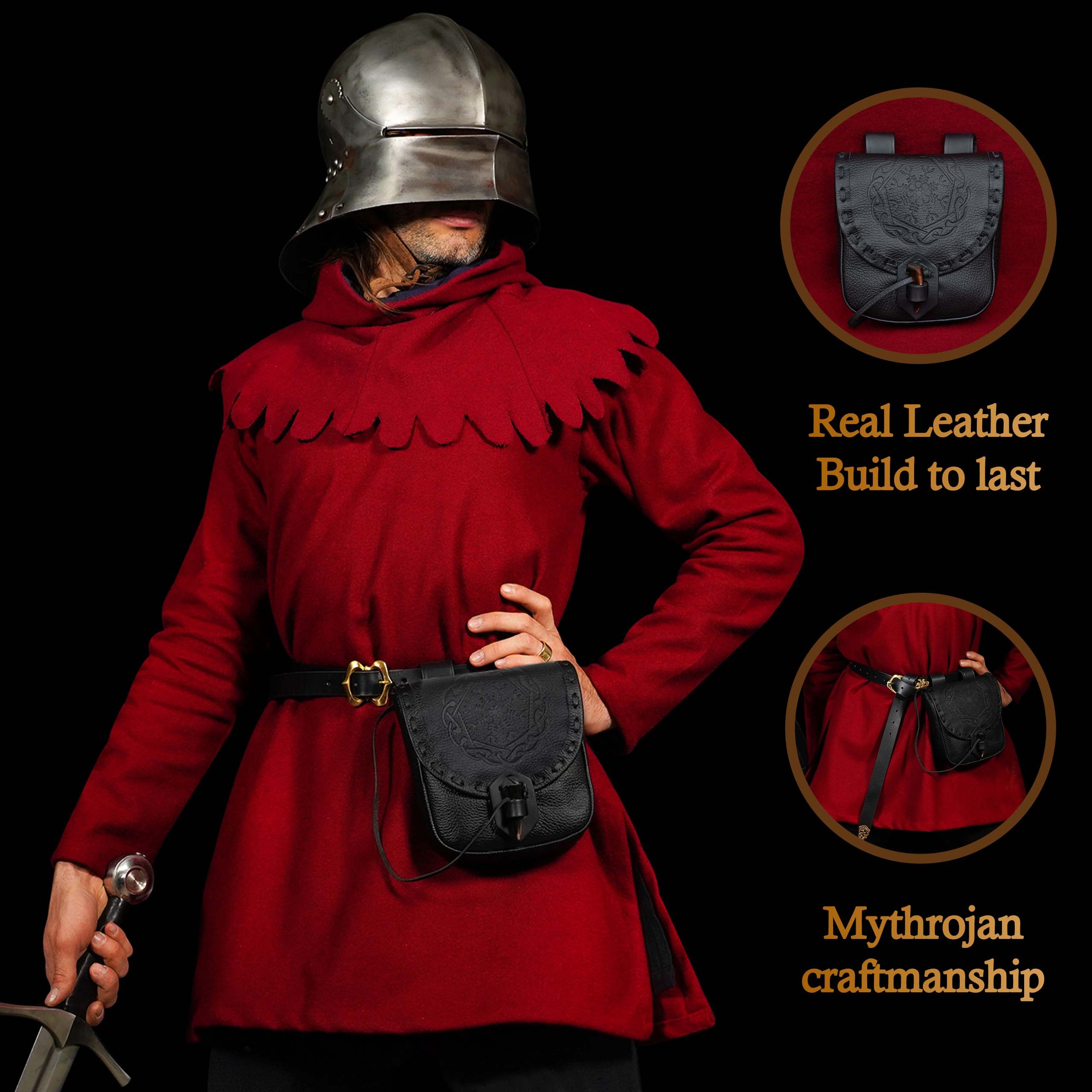 Mythrojan “The Adventurer’s” Belt Bag with Horn Toggle, ideal for SCA LARP reenactment & Ren fair, Full Grain Leather, Black 7”
